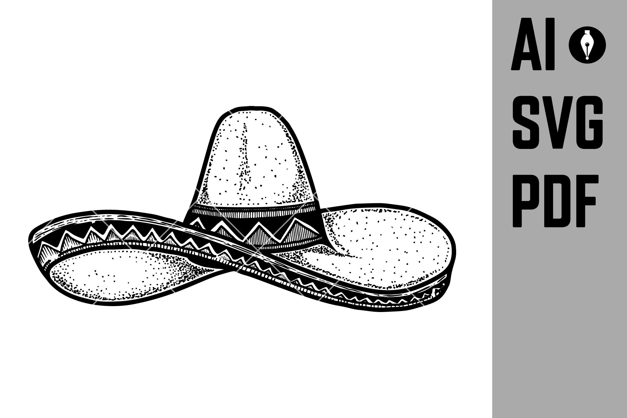 Illustration of sombrero in vintage monochrome style., image size:2000x1333