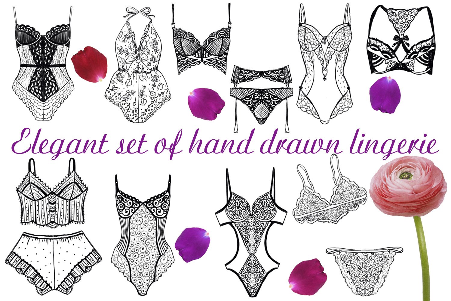 Elegant set of hand drawn lingerie
