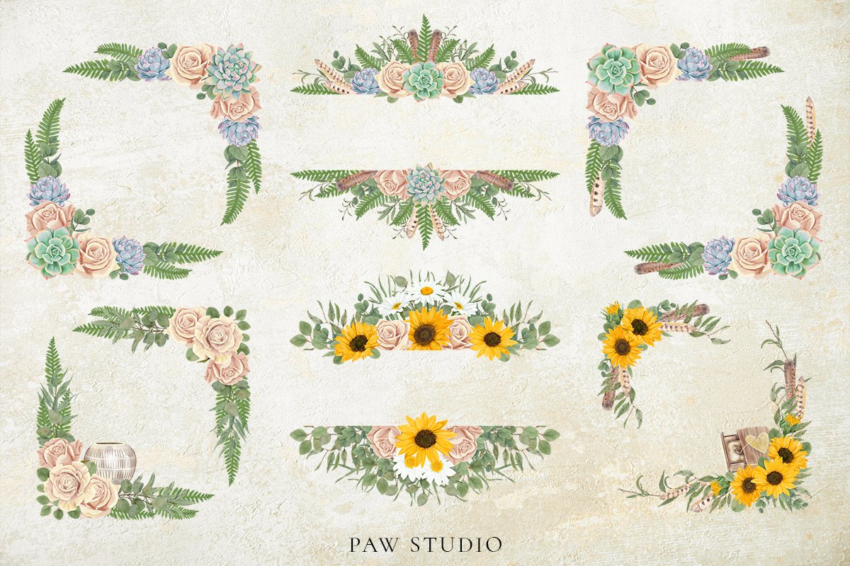 Summer Floral Bloom Frames Wreaths Borders. Boho Clipart (658315 ...