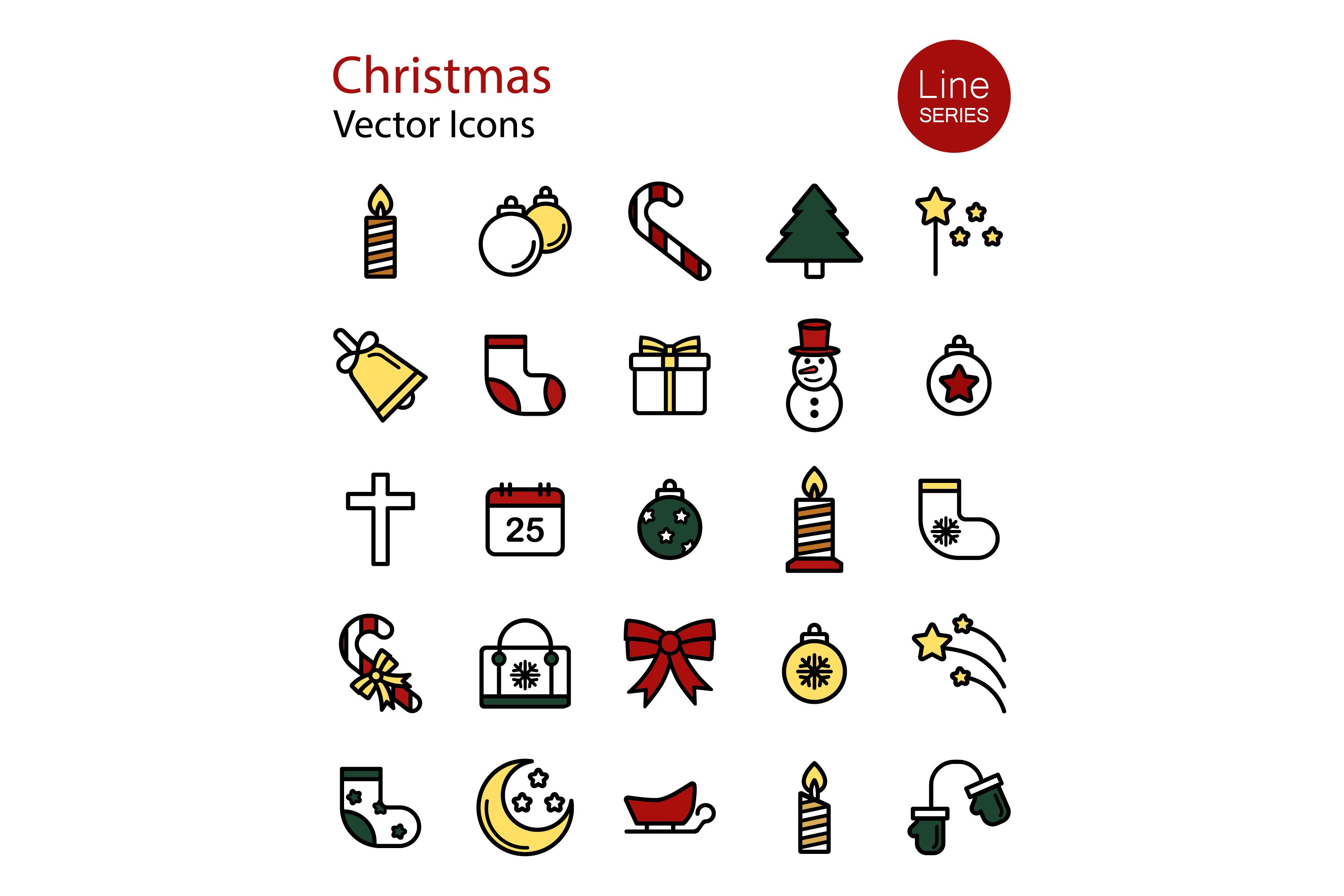 merry christmas symbols collection. vector line flat icons