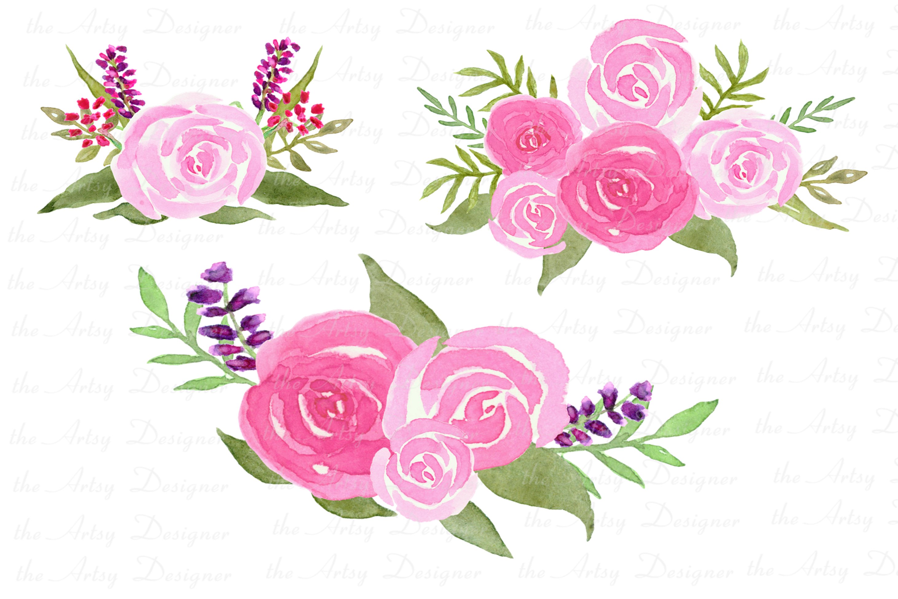 Hand Painted Pink Purple Roses Watercolor Flowers Botanical (291426 ...