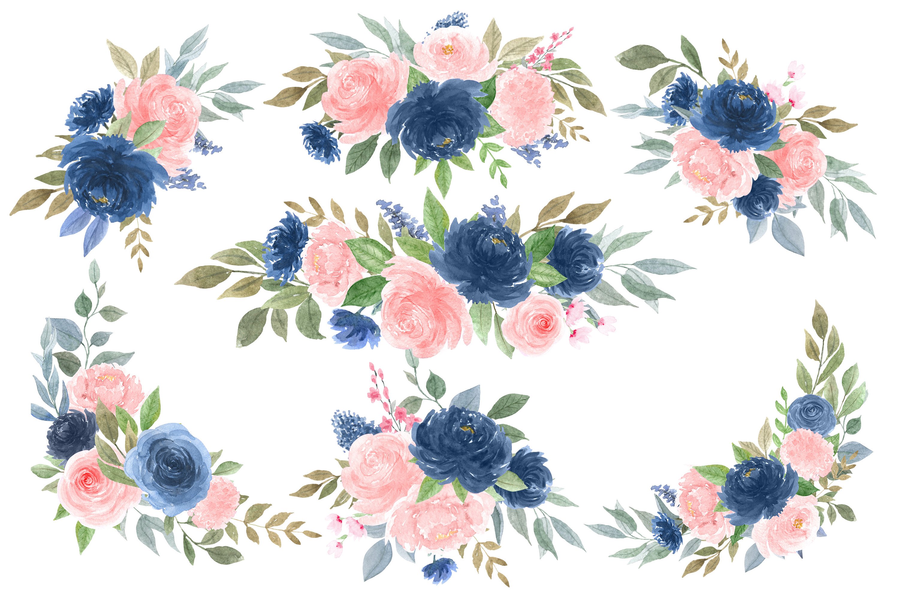 Watercolor flower bouquets. Pink and dark blue flowers (1165601
