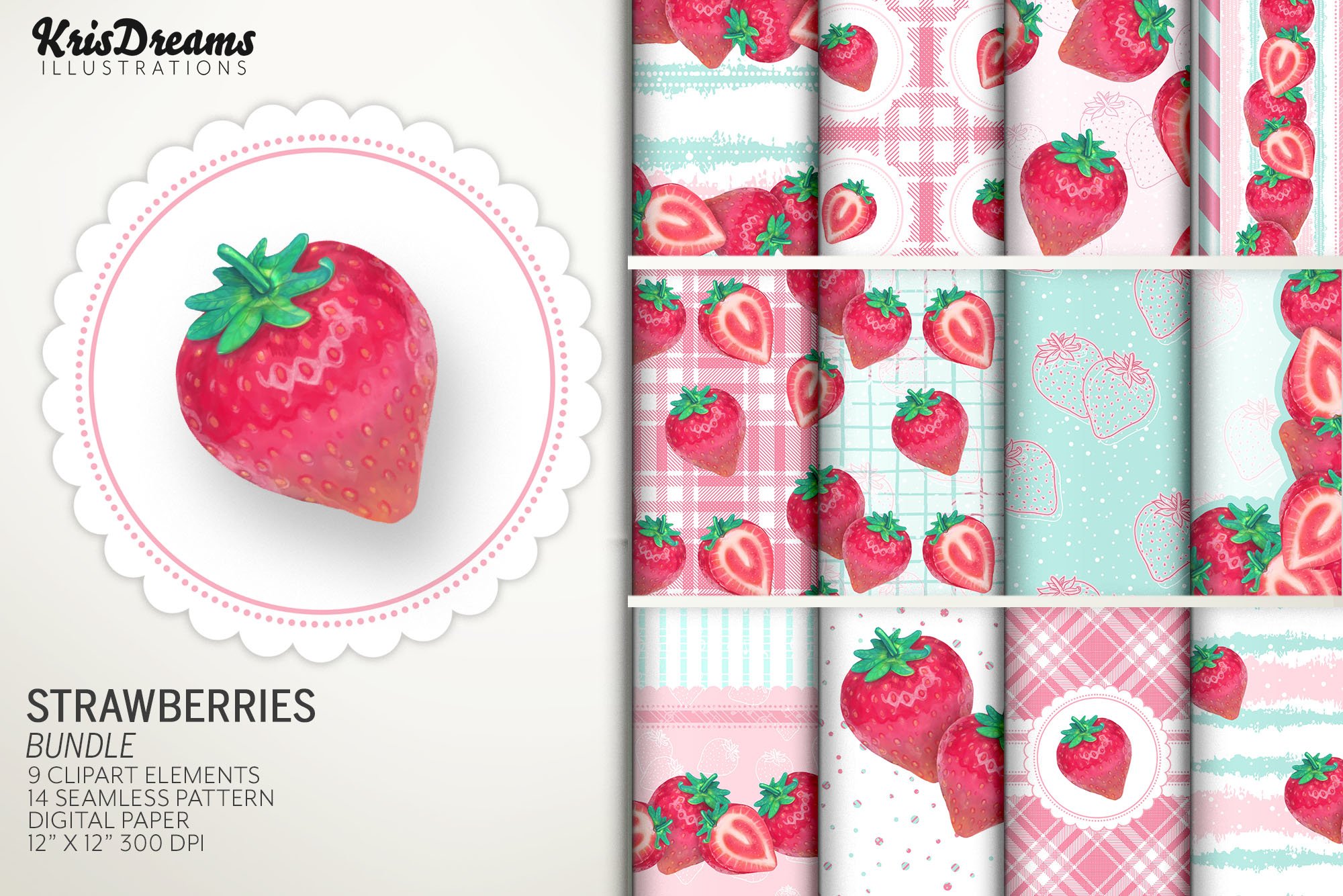 Strawberry Clipart and Digital Paper Graphics Bundle, image size:2000x1334