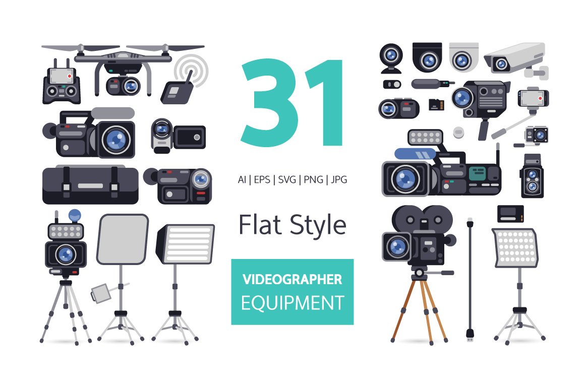 Videographer Equipment in Flat Style (248120) Illustrations Design