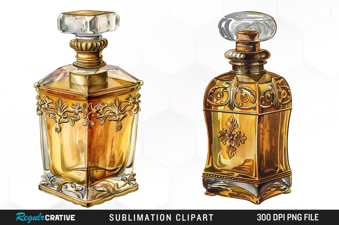 Clip Art Retro Perfume Bottles Watercolor Vintage Gold Perfume