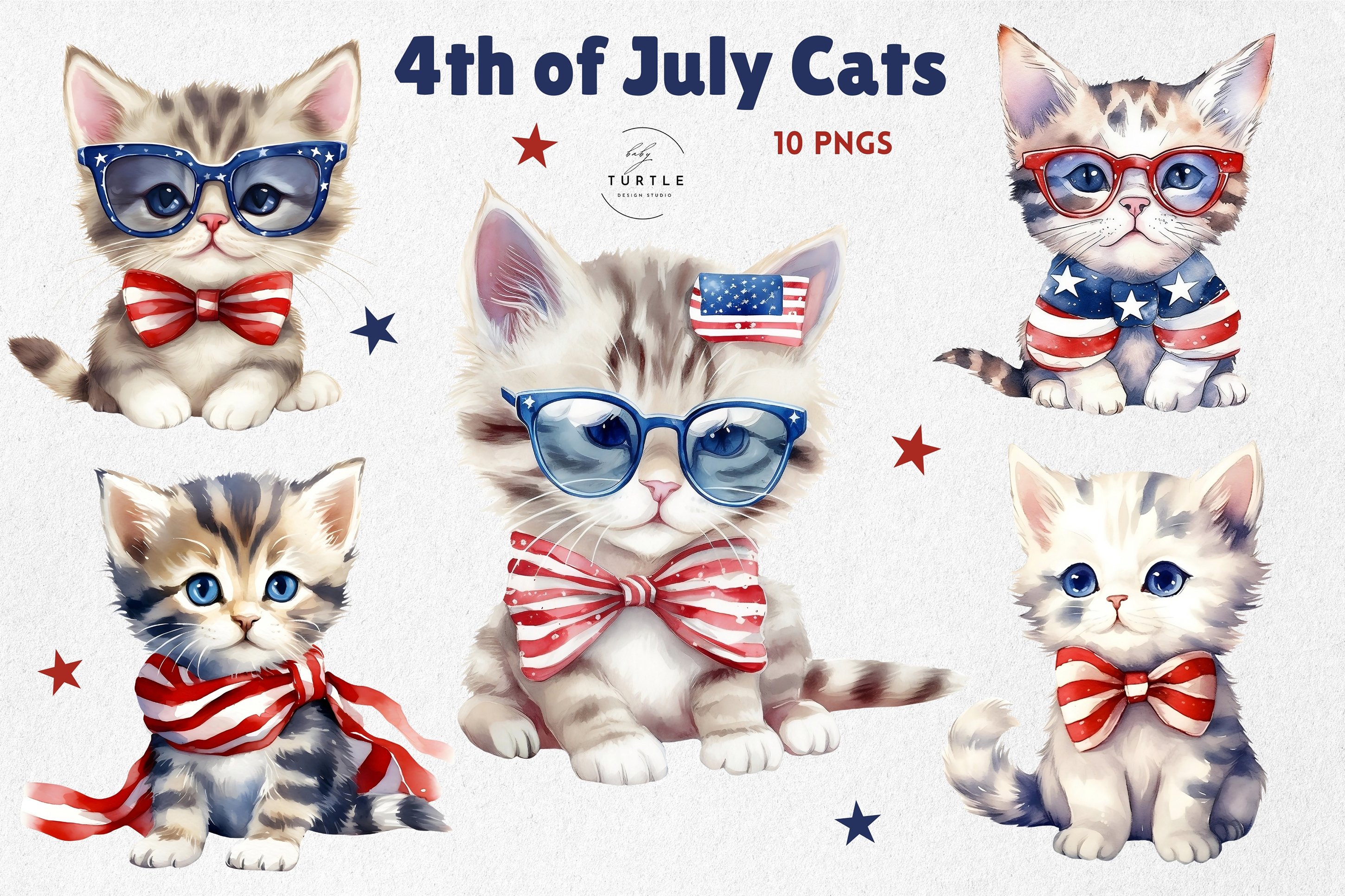 4th of July Cute Cat Watercolor with American Flag scarf
