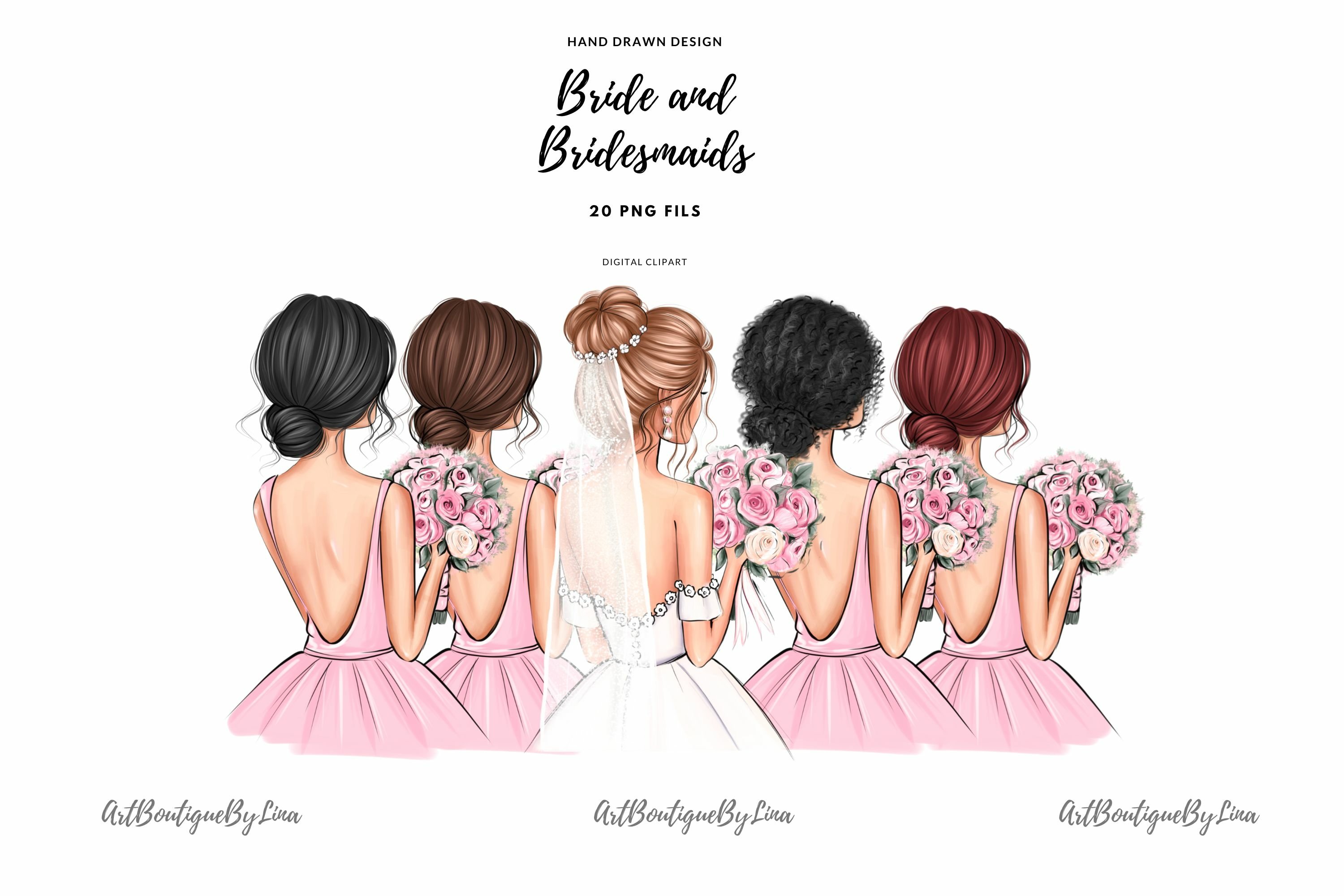 Bride and Bridesmaids Wedding Day Celebration Clipart, image size:3000x2000