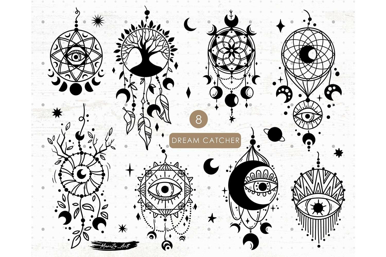 Dreamcatcher boho mystic SVG and PNG bundle, image size:1500x1000