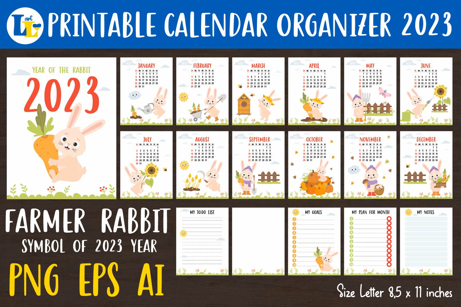 Cute rabbit. Printable Farm Calendar 2023 templates planner