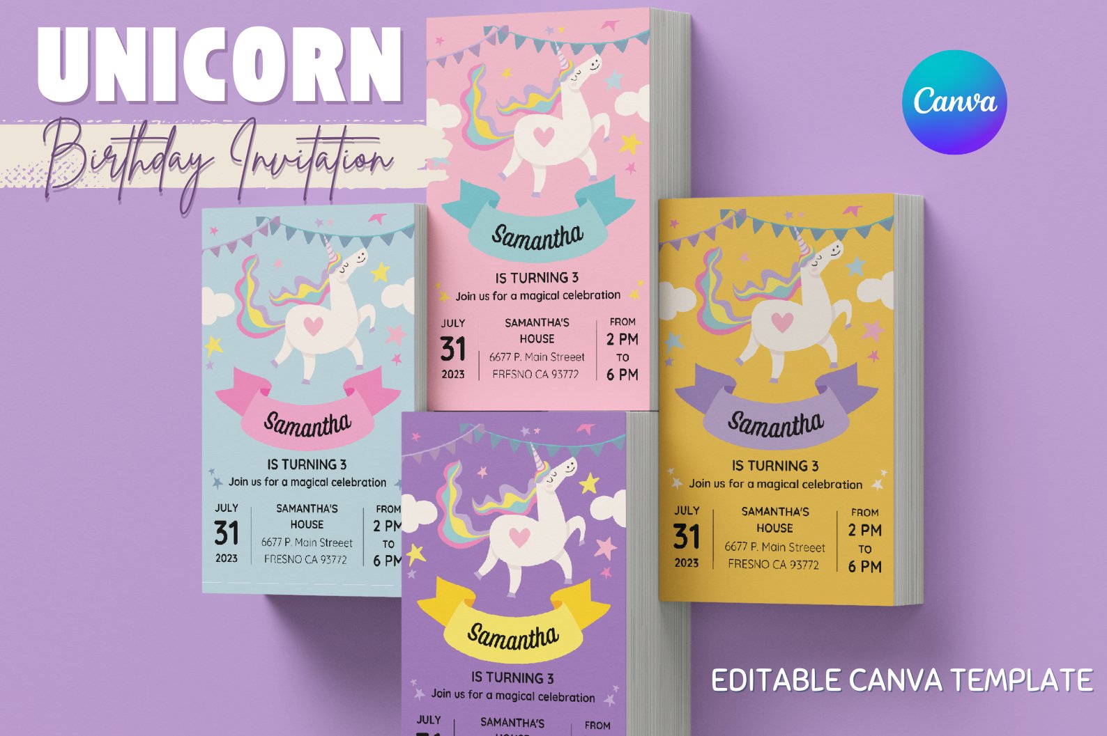 4 Unicorn Birthday Party Invitation - Canva Template, image size:1588x1057