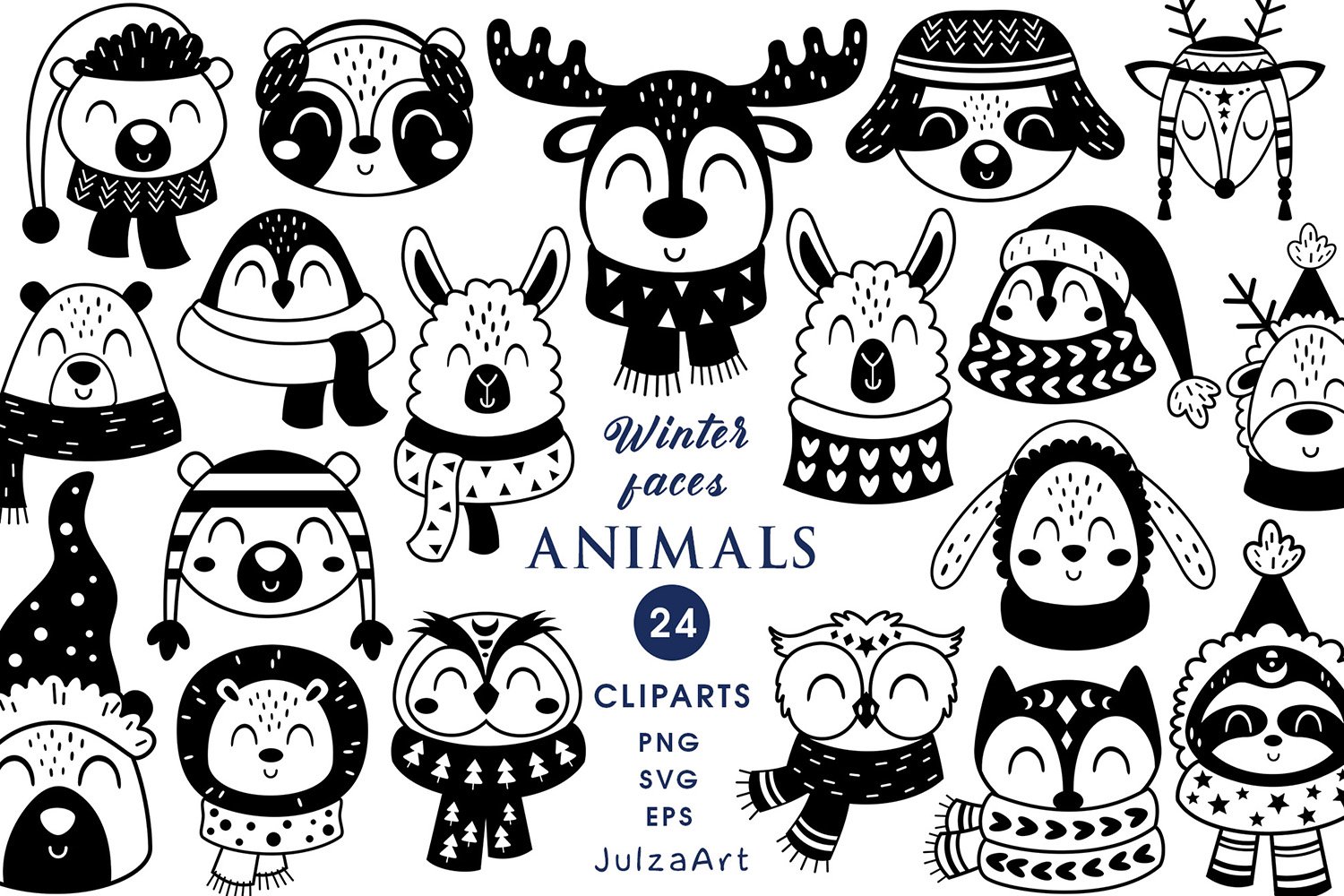 Winter Animals Clip Art Black And White