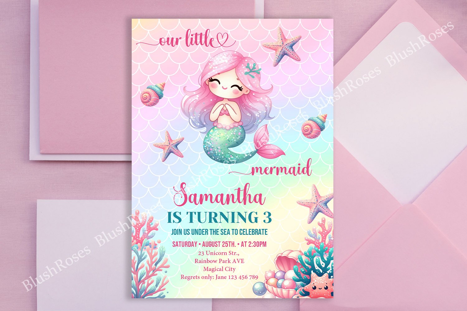 Mermaid Under the Sea First Birthday Party Invite ZB29, image size:1500x1000