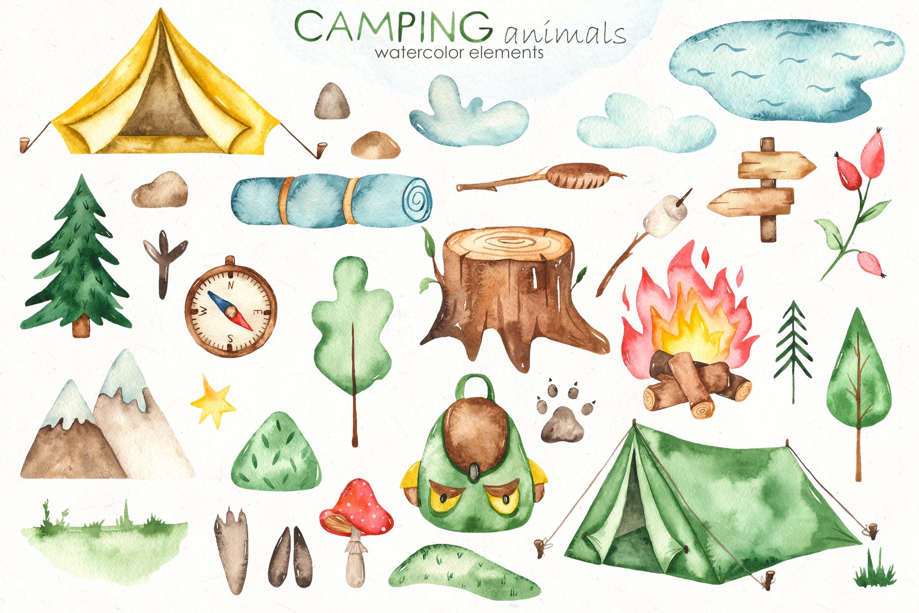 Camping animals Watercolor Clipart, cards, seamless patterns (857694 ...
