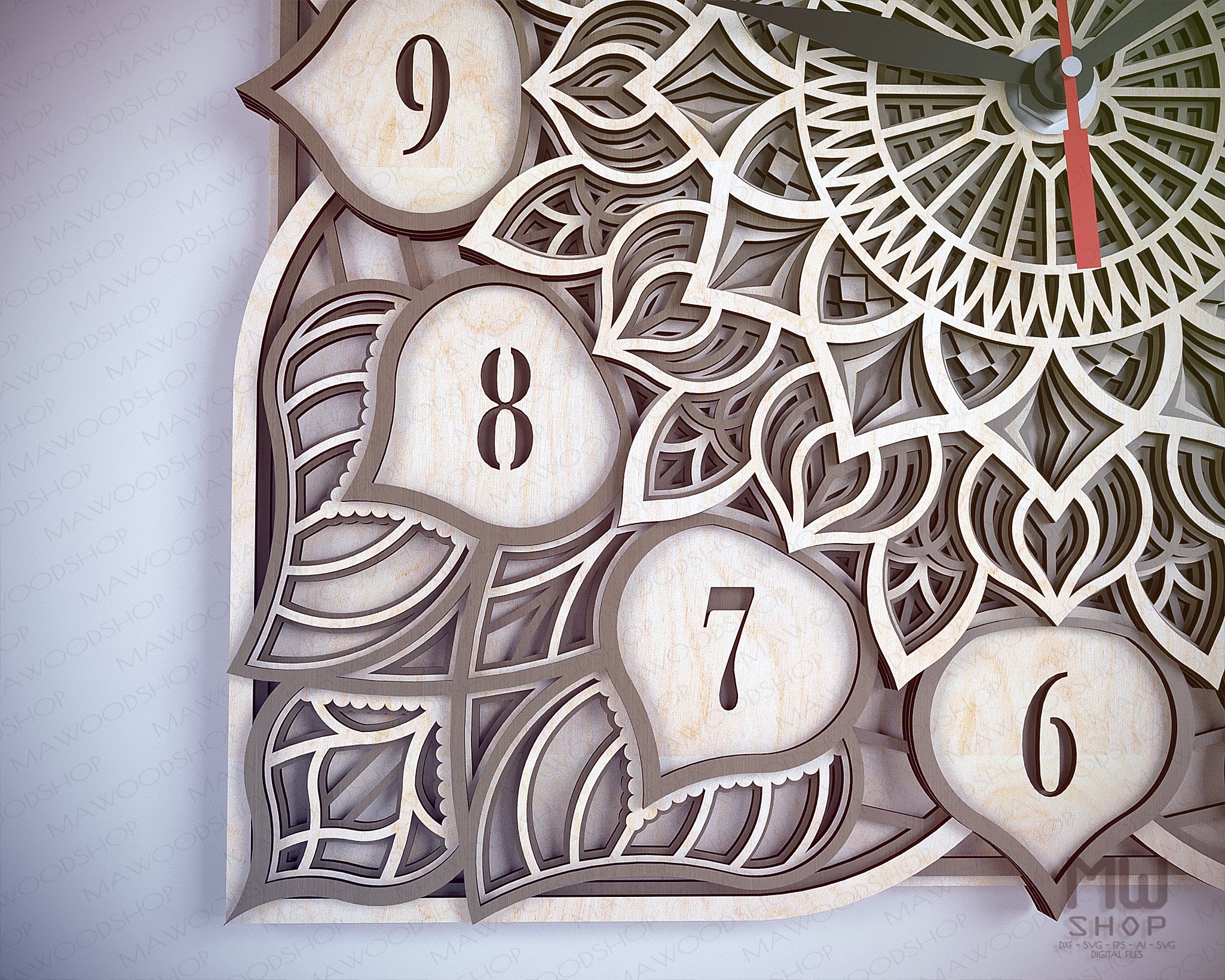 C15 Wall Clock for Laser cut, Mandala Clock DXF pattern (1033207