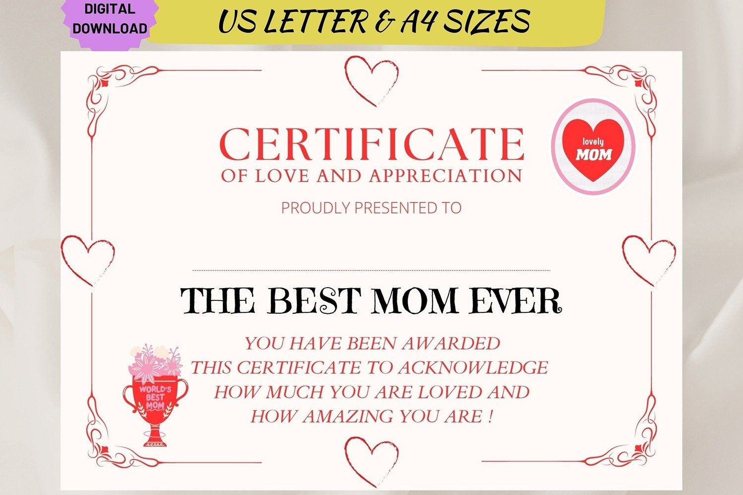 Best Mom Ever Certificate Customizable Mother's Day Gift for Free Printable Best Mom Certificate