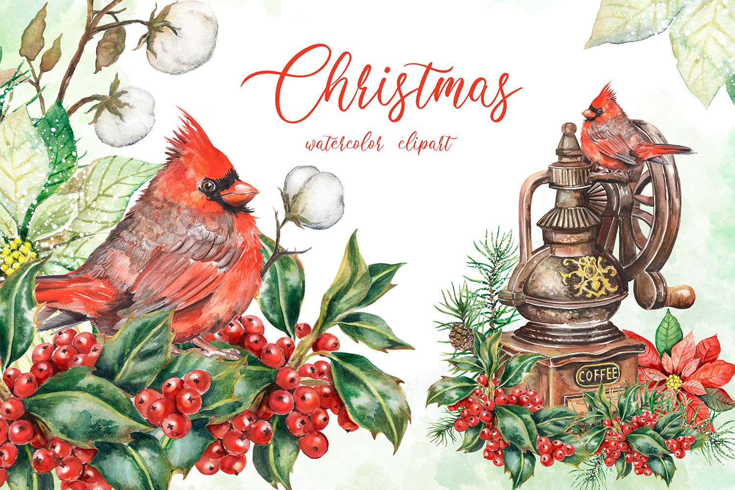 Download Merry Christmas Watercolor Holly Berries Red Cardinal Bird 937307 Illustrations Design Bundles