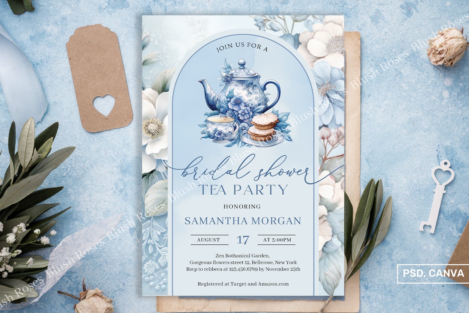 Shabby Chic blue floral Bridal Tea Party Invite PSD, ZD164, image size:1500x1000