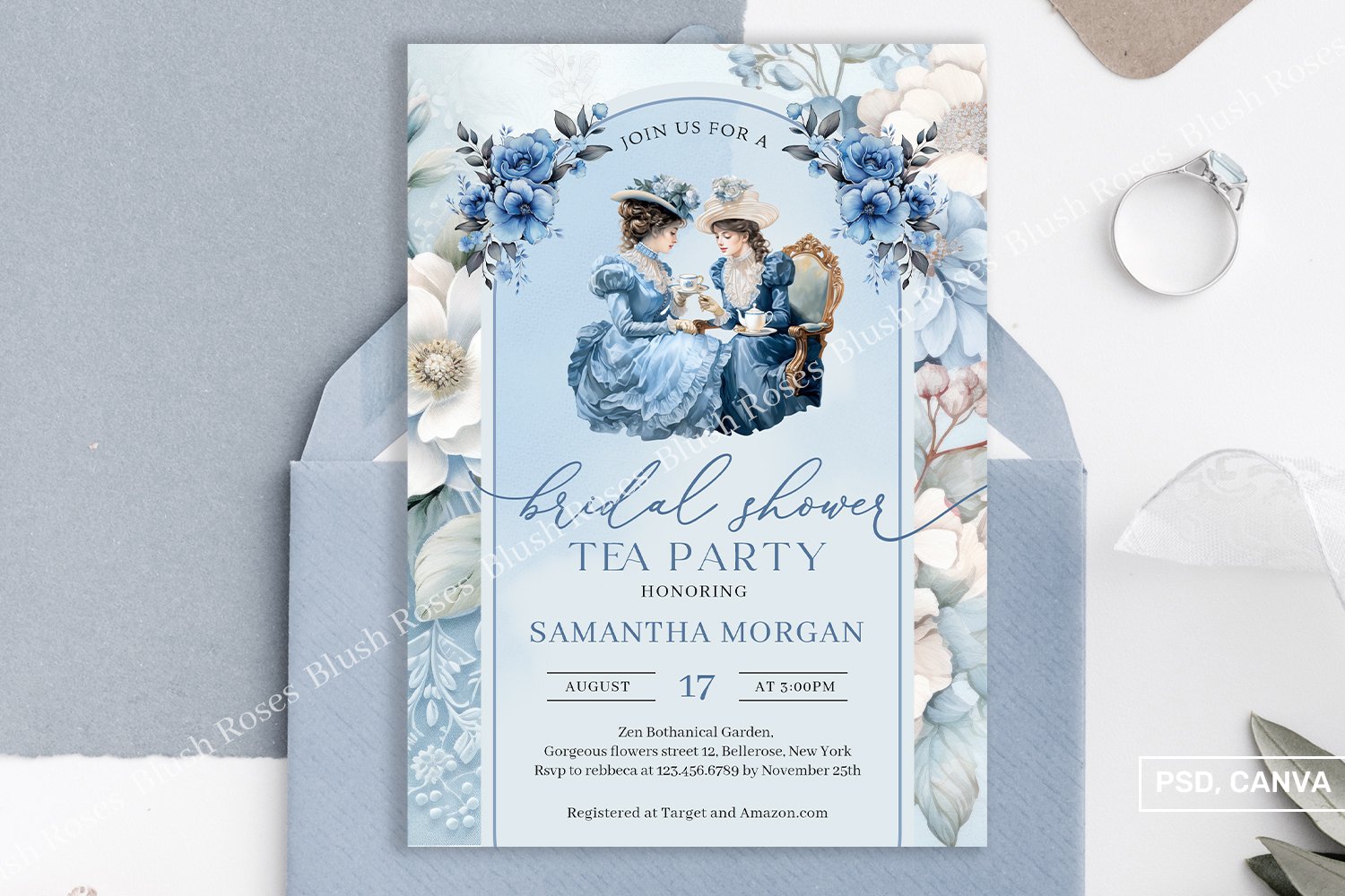 Navy blue and white floral Bridal Tea Party Invite (3292086), image size:1500x1000