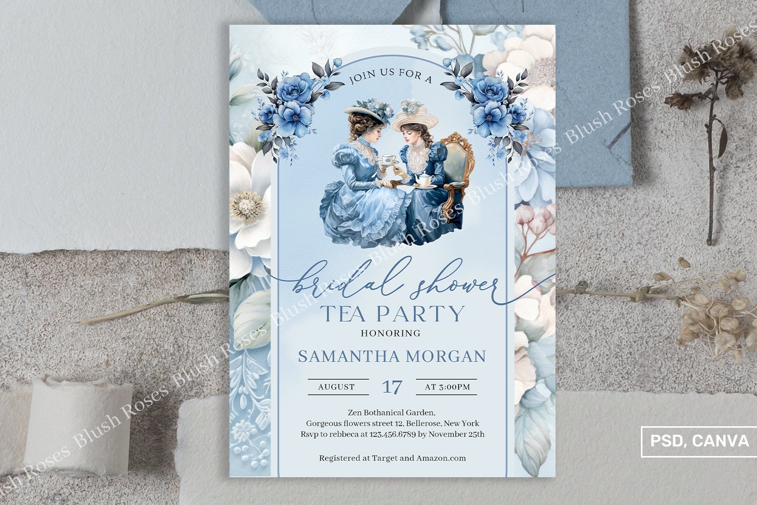 Navy blue and white floral Bridal Tea Party Invite (3292086), image size:1500x1000