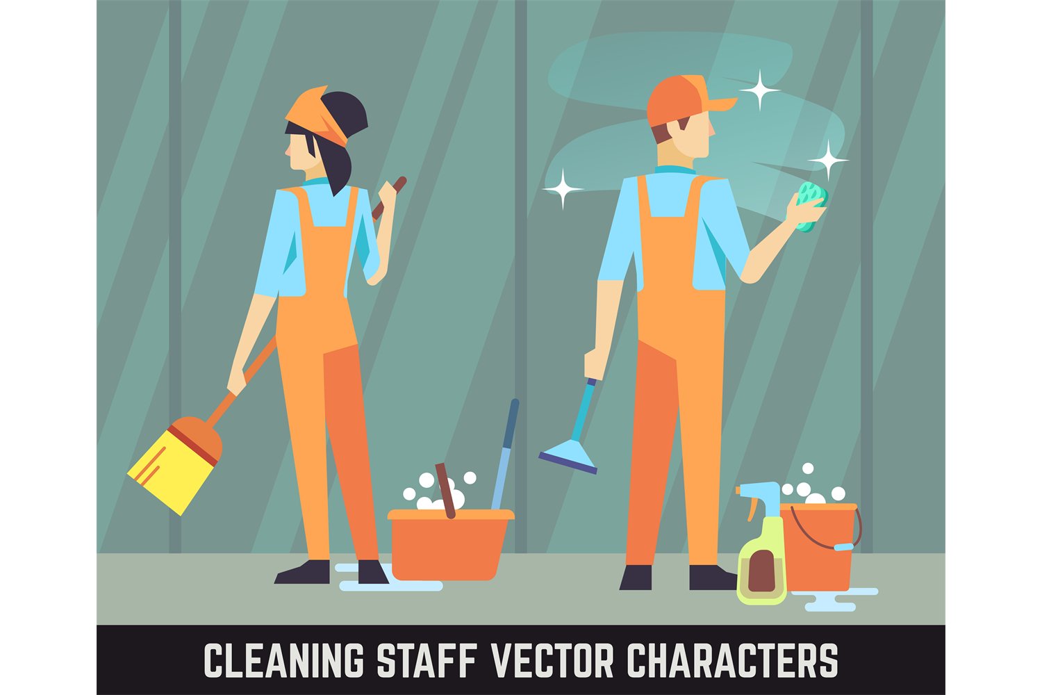 Cleaning staff vector characters woman and man with tools (761272 ...