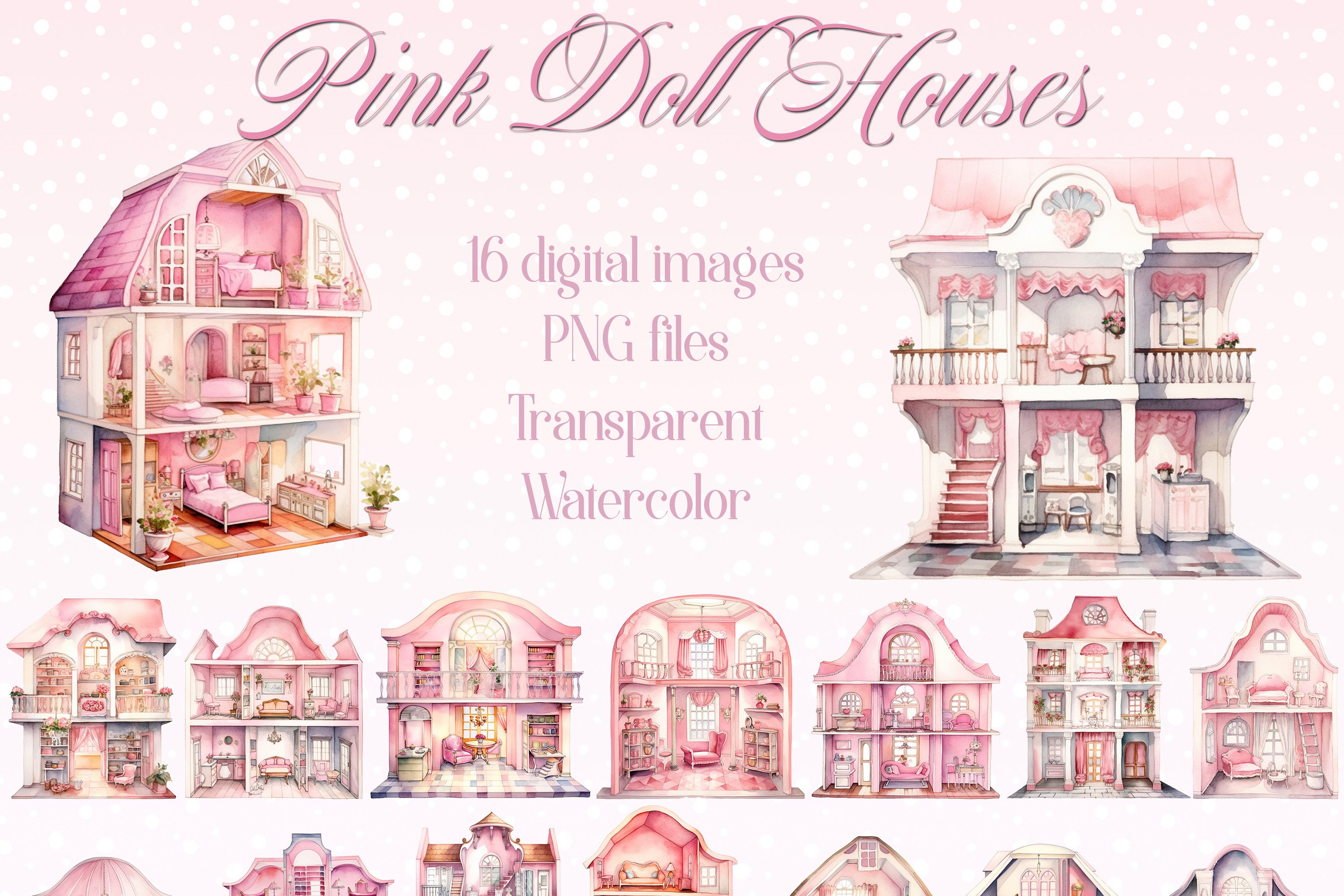 16 Watercolor Pink Doll Houses Furniture Collectible PNG