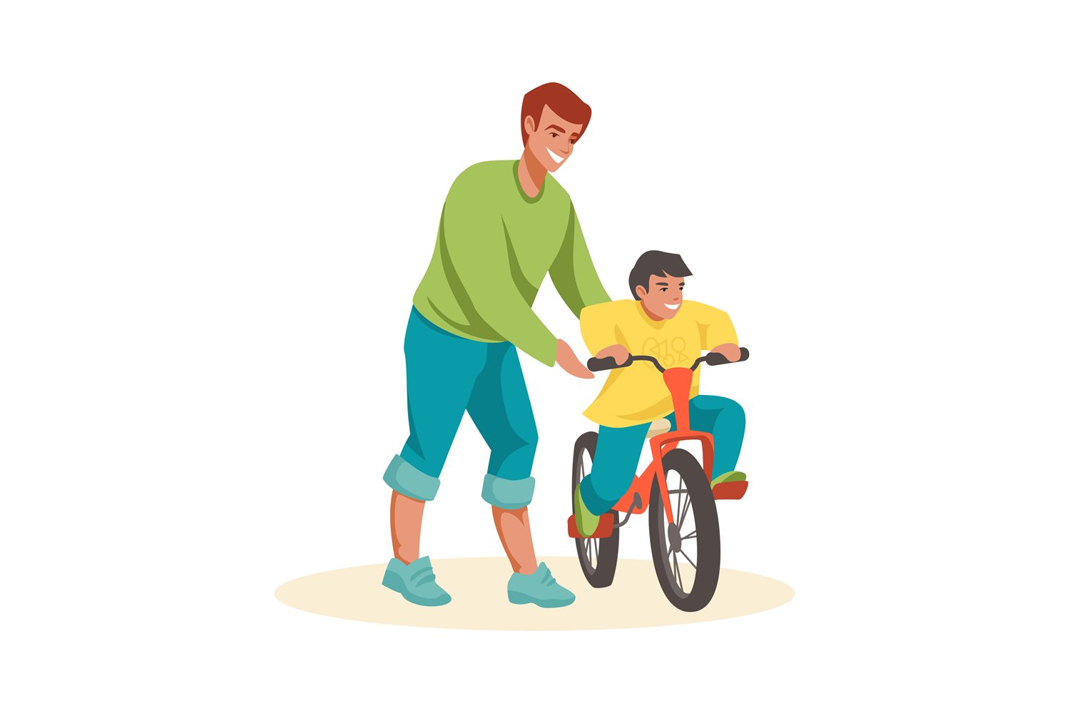 Family Dad teaches son to ride bike, father and litt