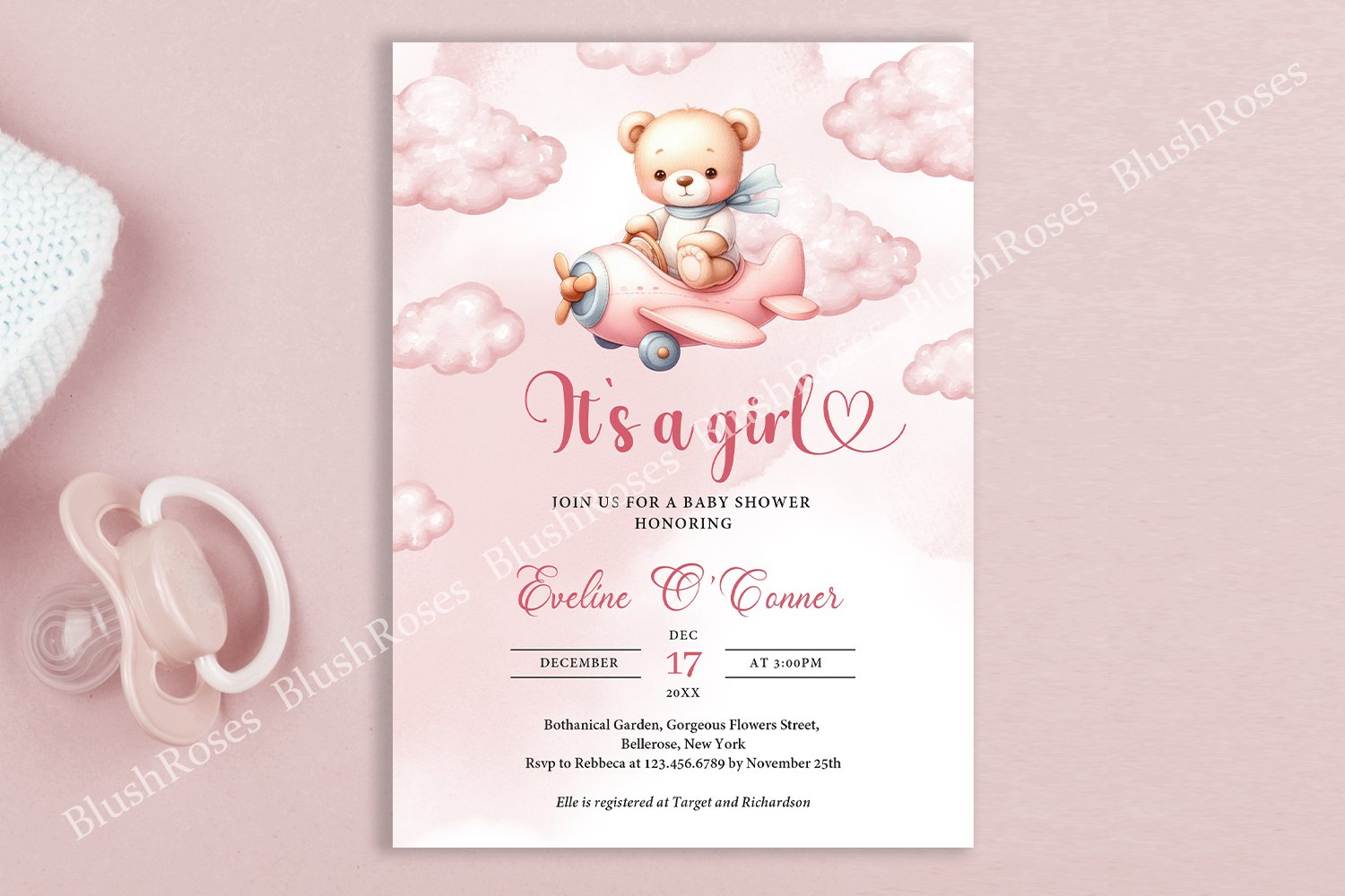 Cute teddy bear pilot It's a girl pink Baby Shower invite ZB