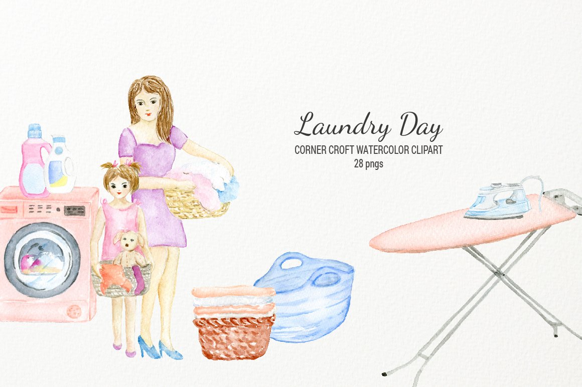 Watercolor laundry day clipart for instant download (246988