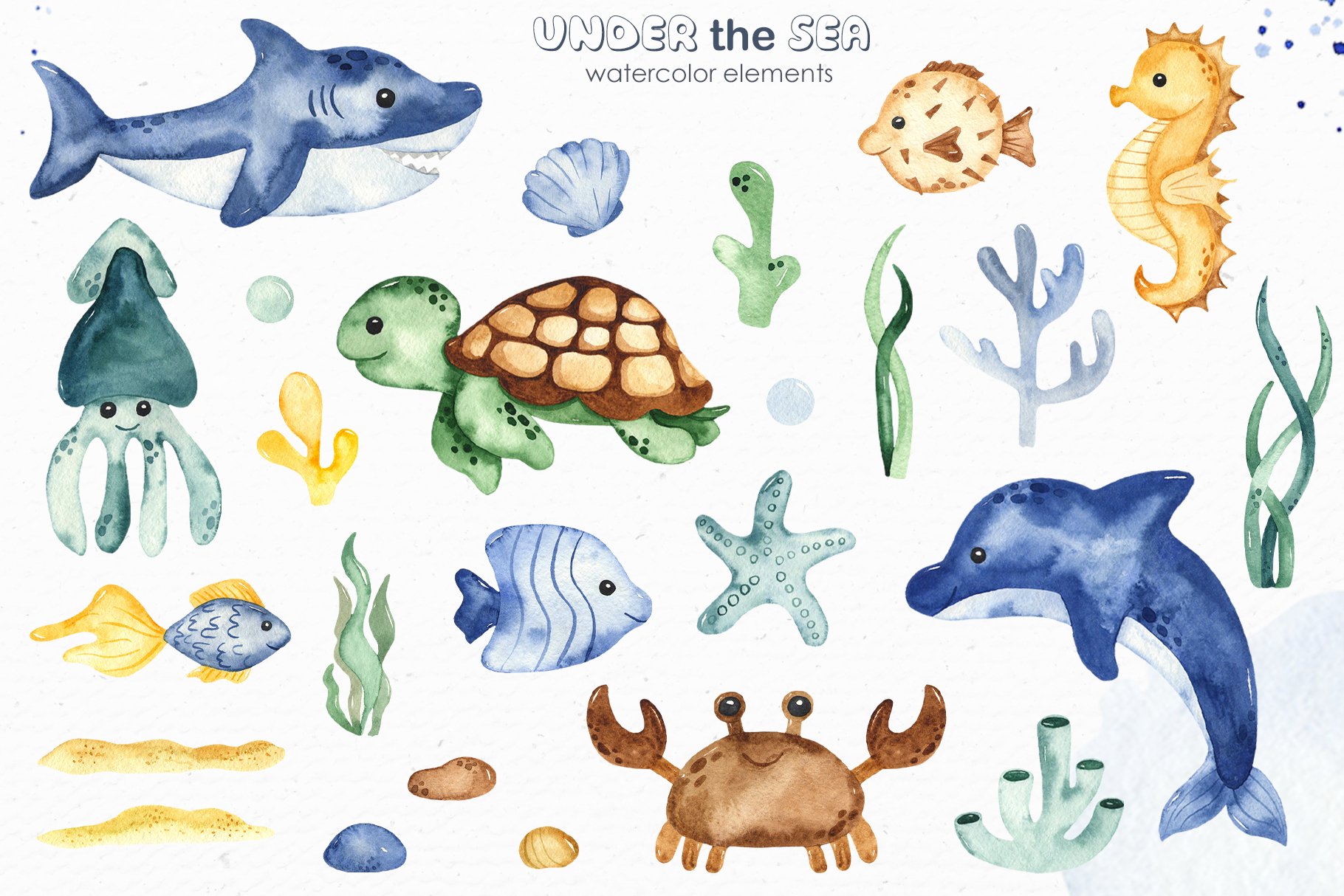 Under the sea. Watercolor clipart, frames, cards, patterns (586561
