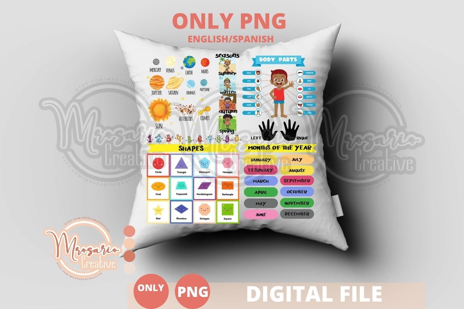 Learning Pillow PNG Spanish English Kids (1001045) Sublimation