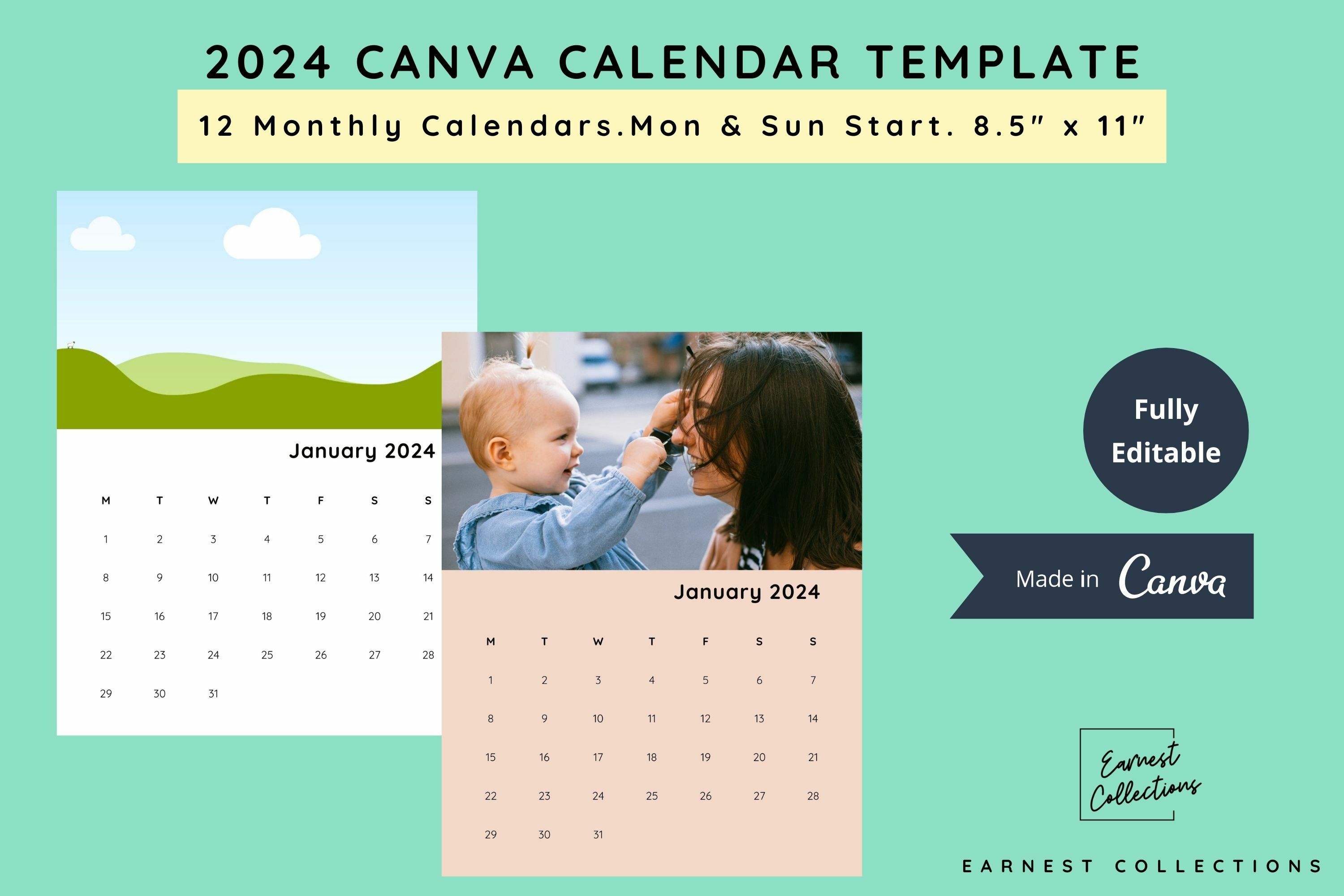 2024 canva calendar template - US Letter size - Mon & Sun
