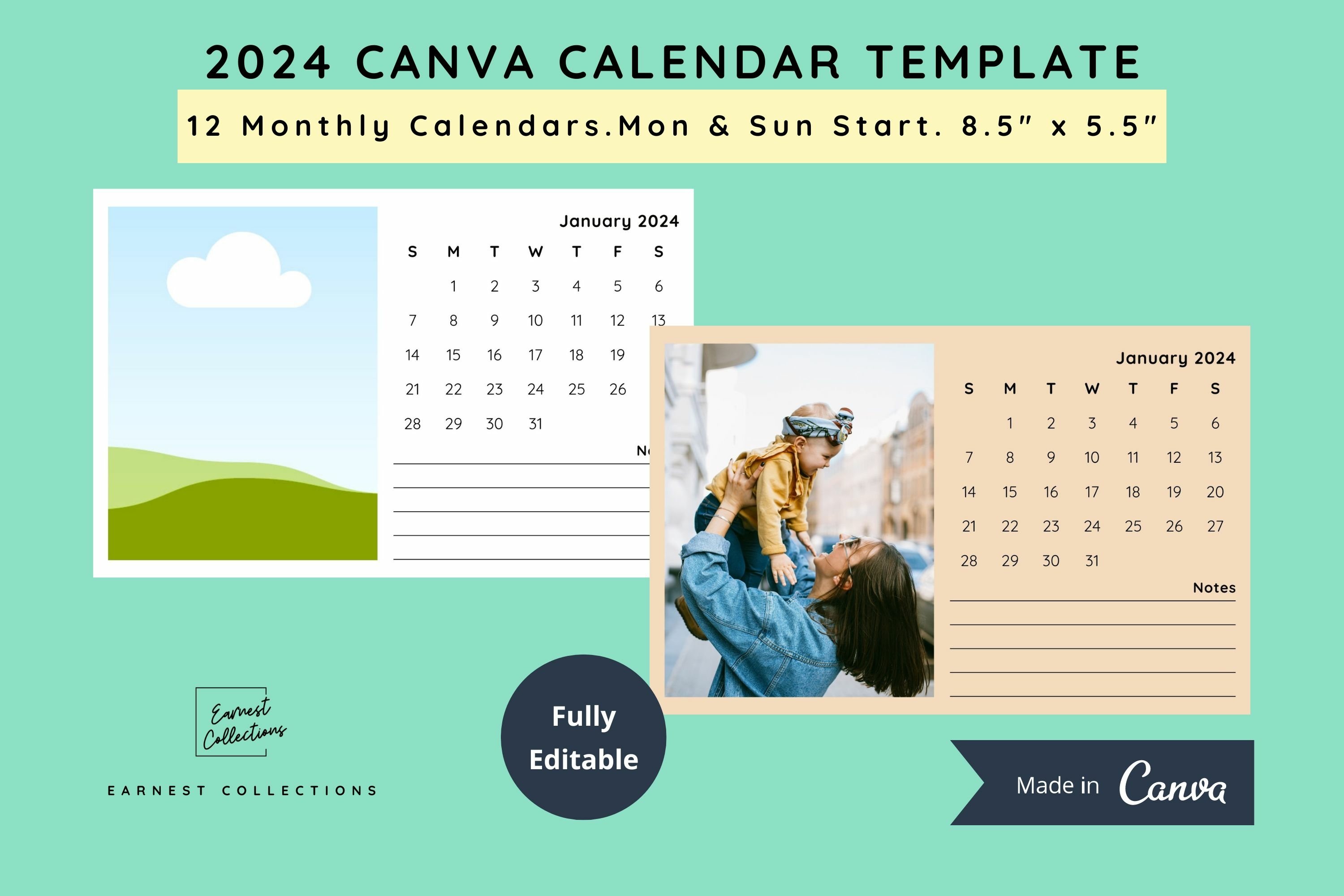 2024 Fully Editable Monthly Calendar Canva Template