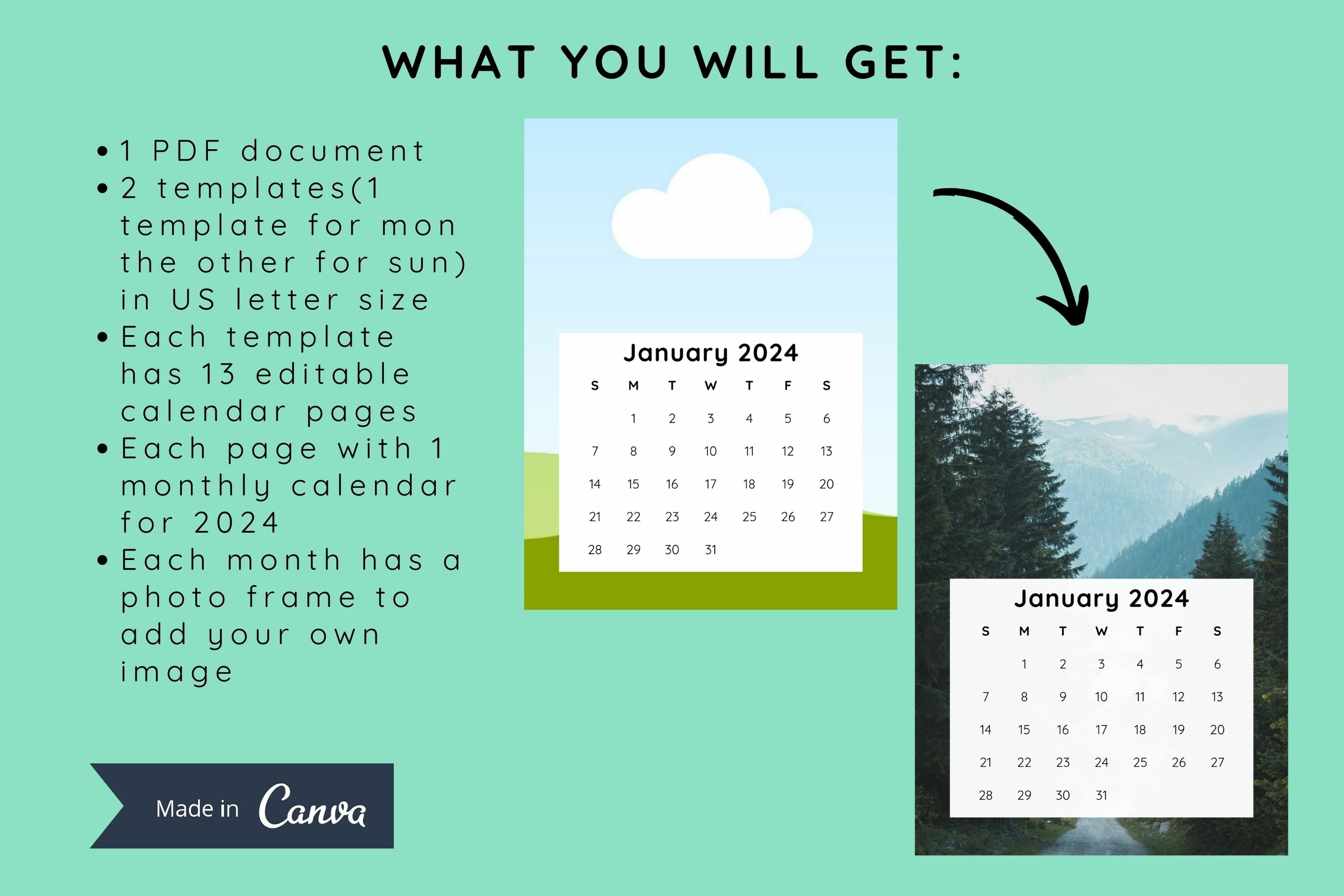 2024 canva calendar template - US Letter size - Mon & Sun