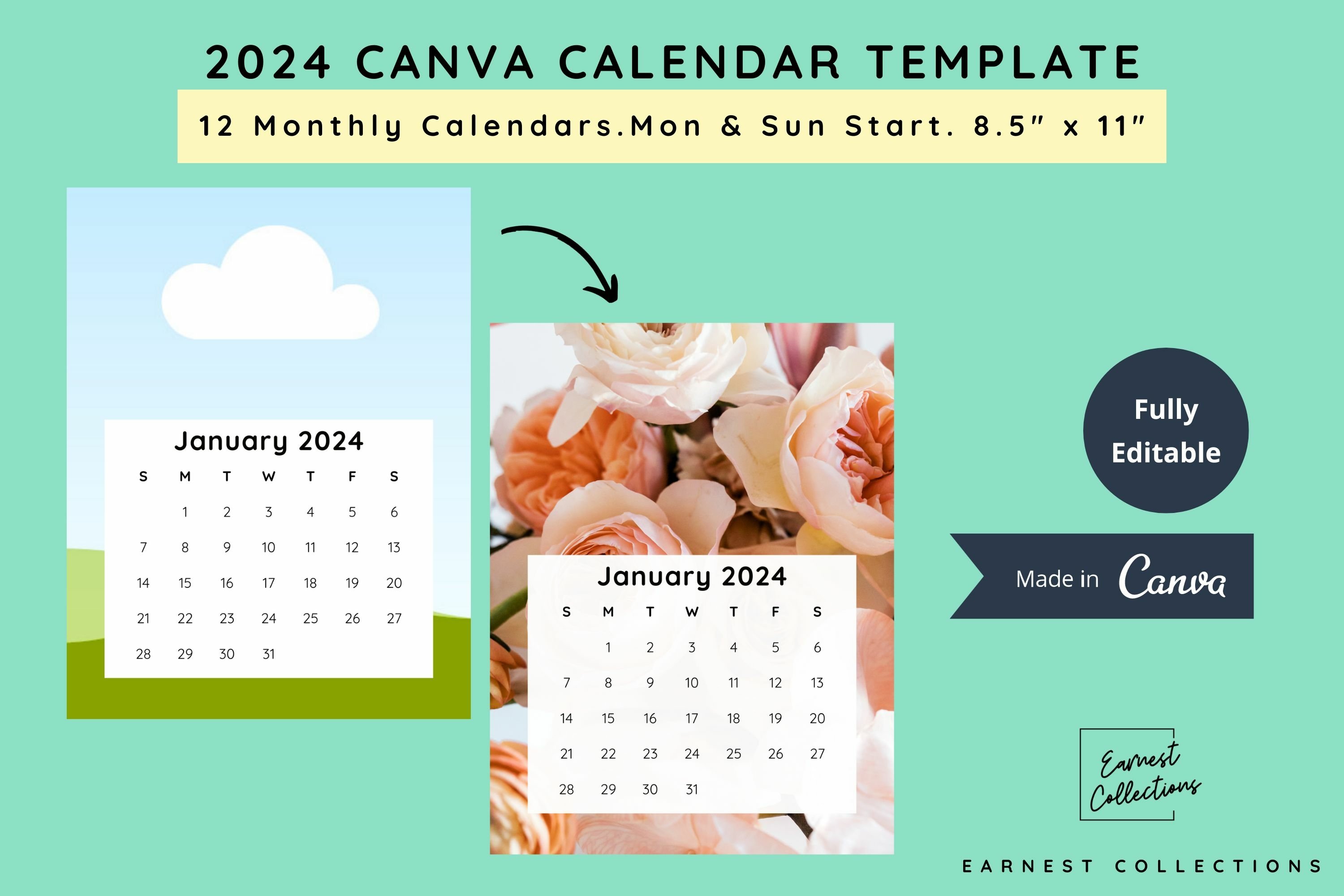 2024 canva calendar template - US Letter size - Mon & Sun