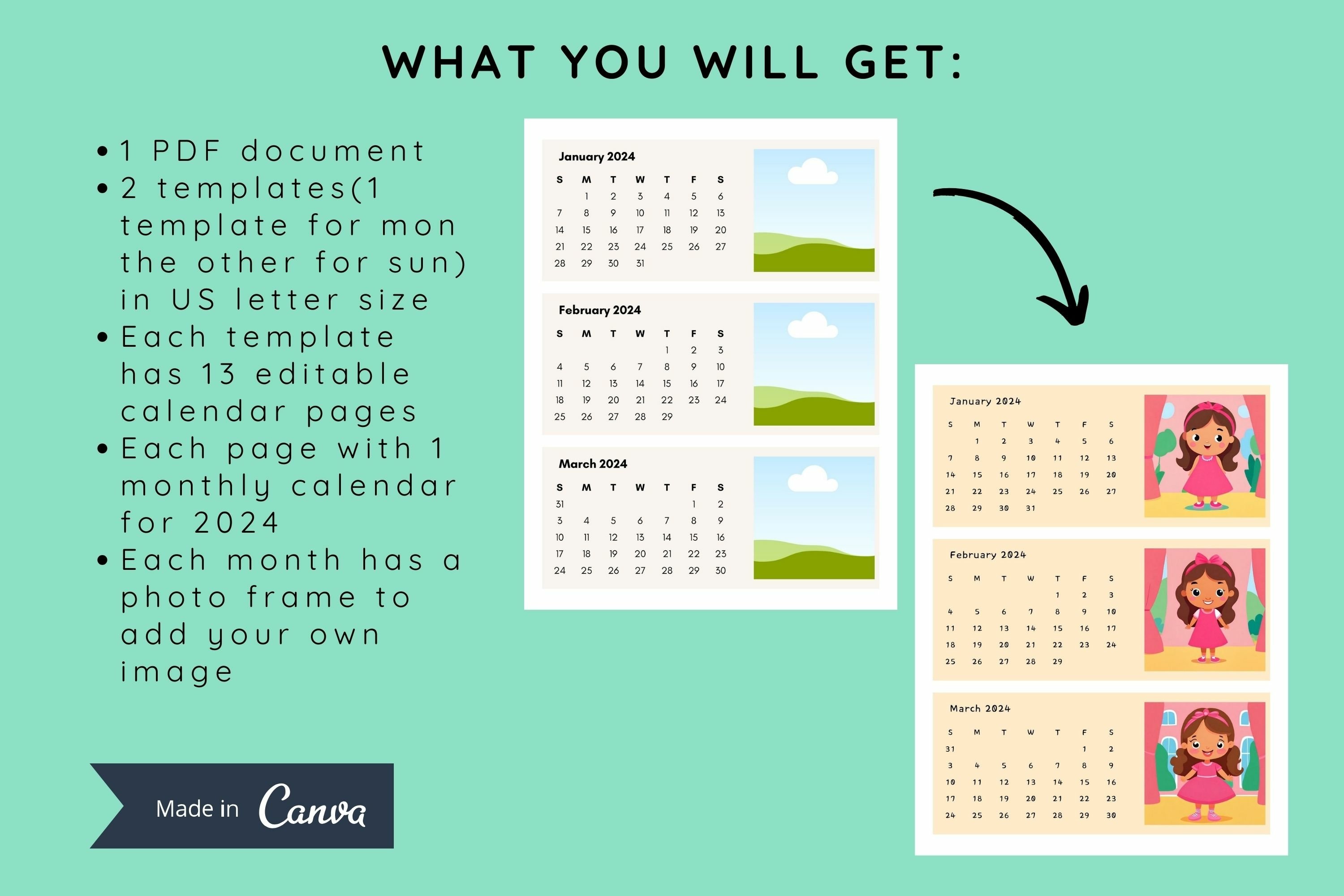 2024 Fully Editable Mini Monthly Calendar Canva Template