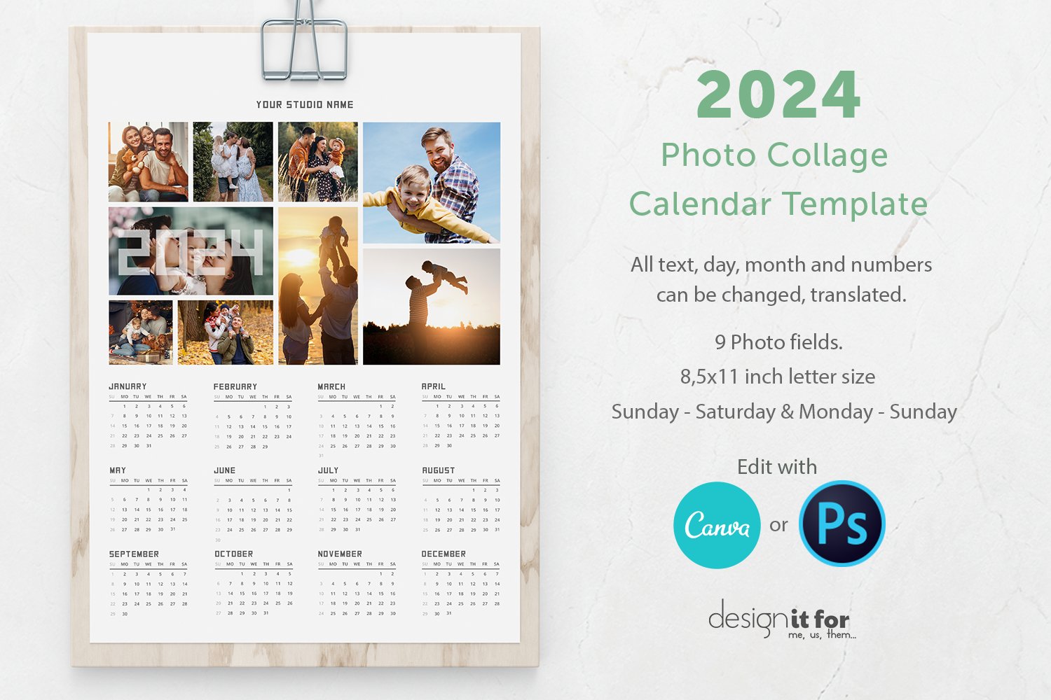 2024 Photo Collage Calendar Template Canva, Year Calendar