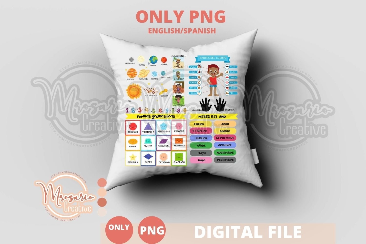 Learning Pillow PNG Spanish English Kids (1001045) Sublimation