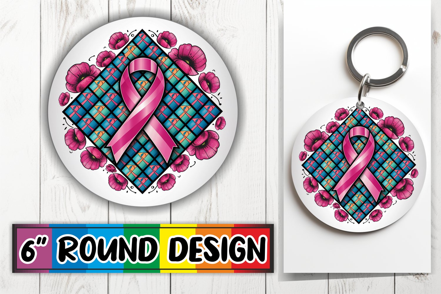 Support Pink Ribbon Round Design for Breast Cancer Keychain