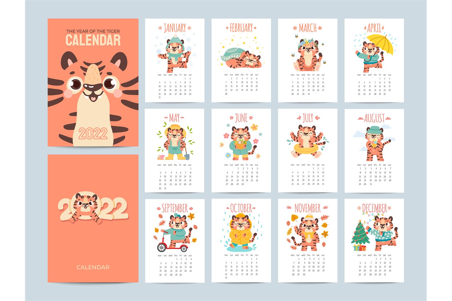 Calendar 2022 with cute tigers. Covers and 12 month pages wi