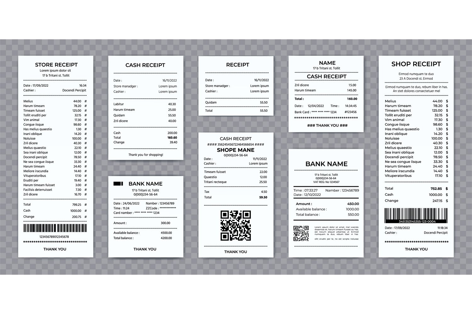 Realistic store, restaurant or bank paper cash receipt. Supe, image size:1500x1000