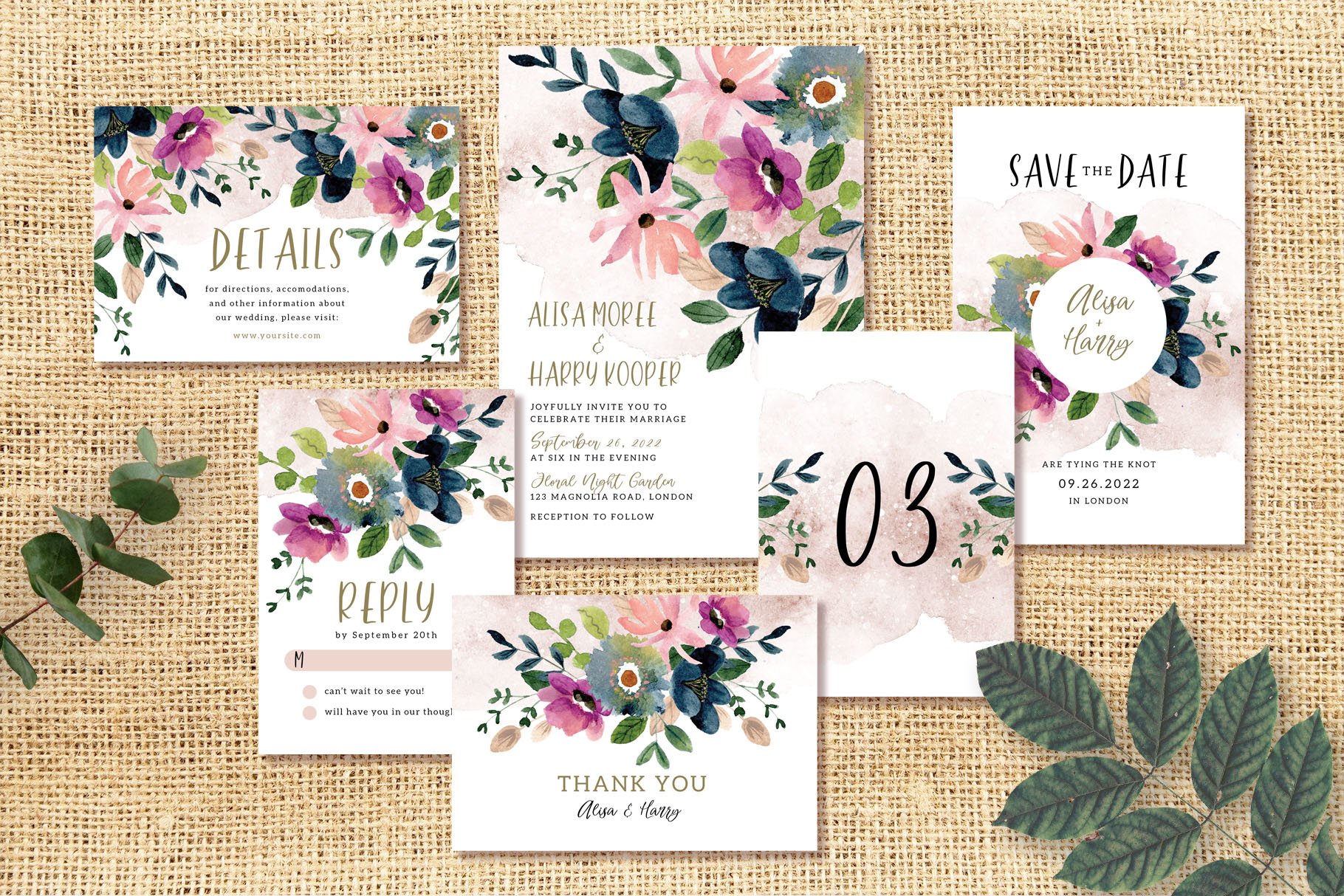 Pretty Flower Watercolor Wedding Invitation Set
