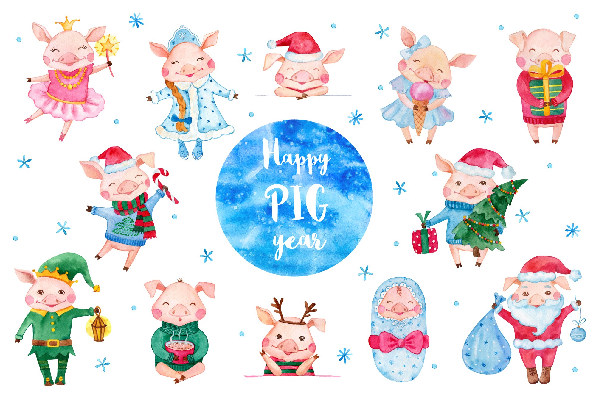 Cute Christmas Watercolor Pigs collection (187705) | Illustrations ...