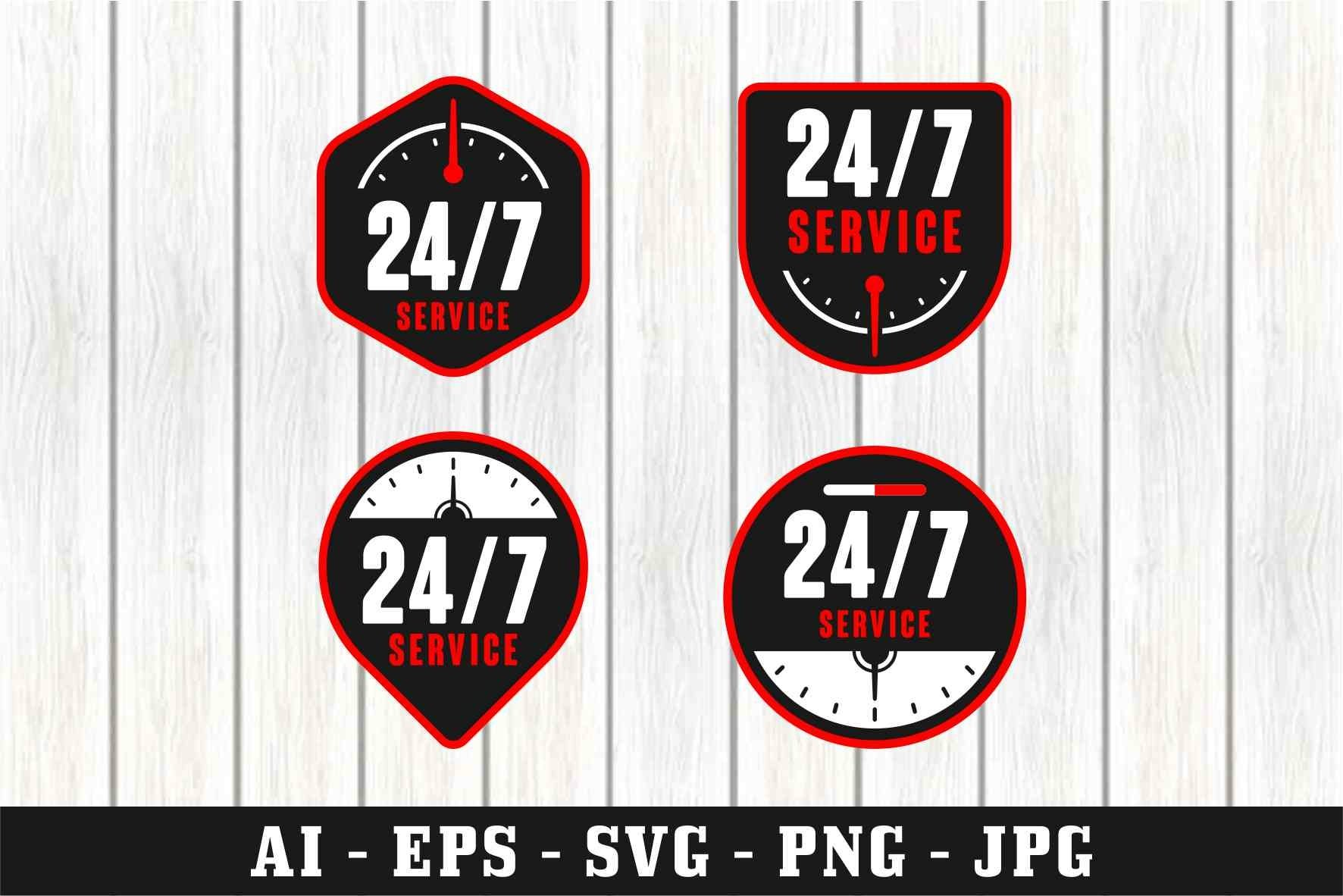 24-7 Service badge red black vector design collection, Eps,