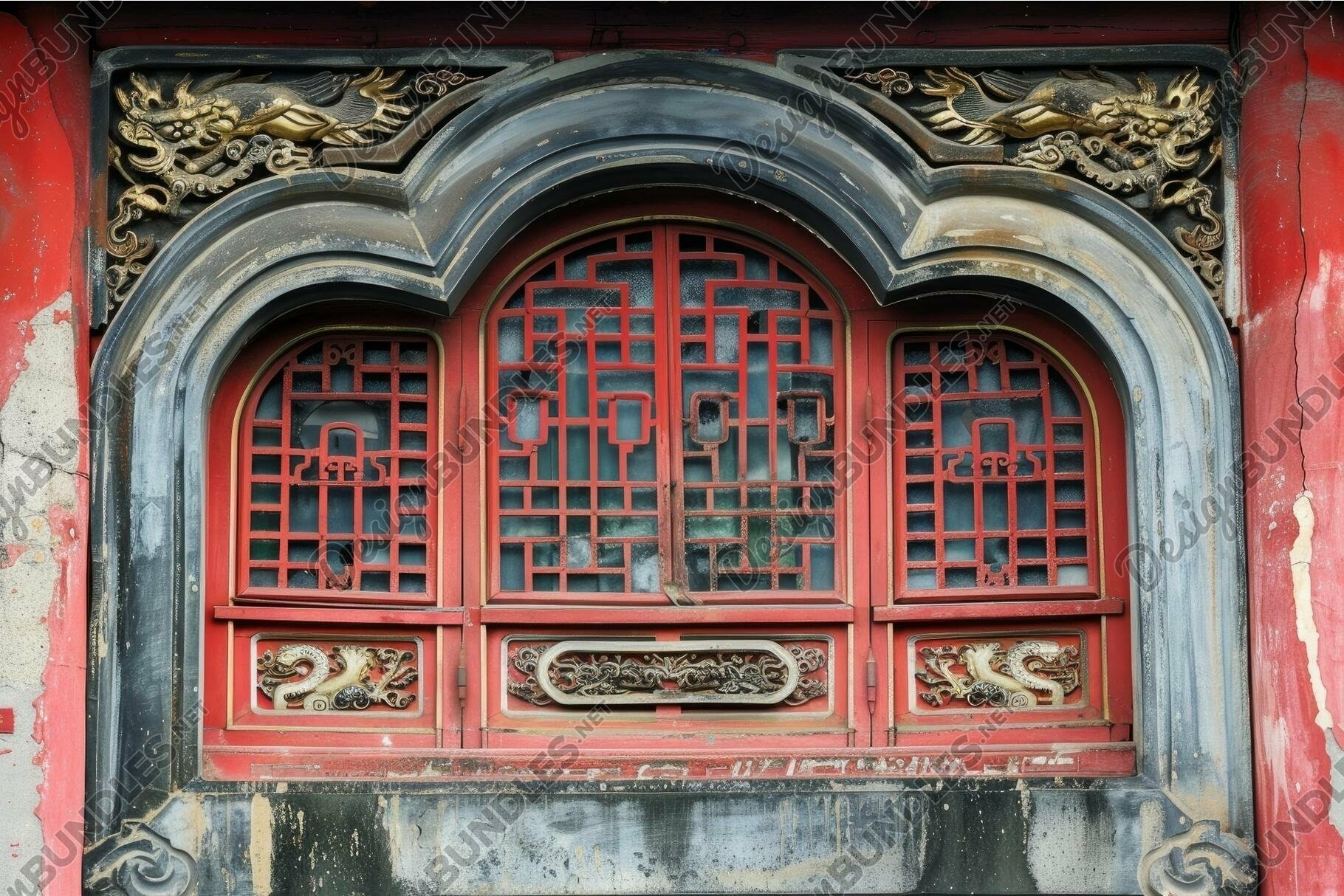 Old red chinese window showing traditional asian architectur