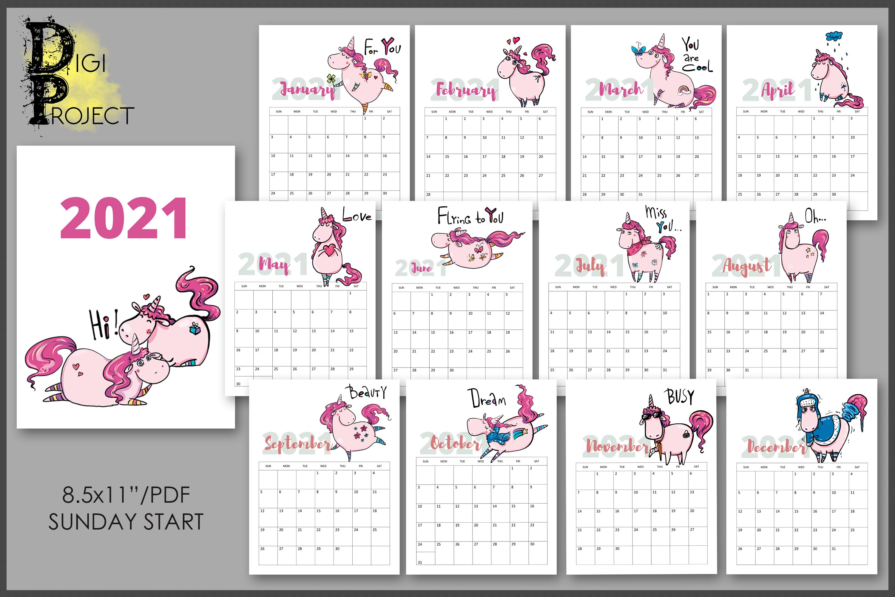 21 Pink Unicorn Wall Calendar Printable Watercolor Digital Design Bundles