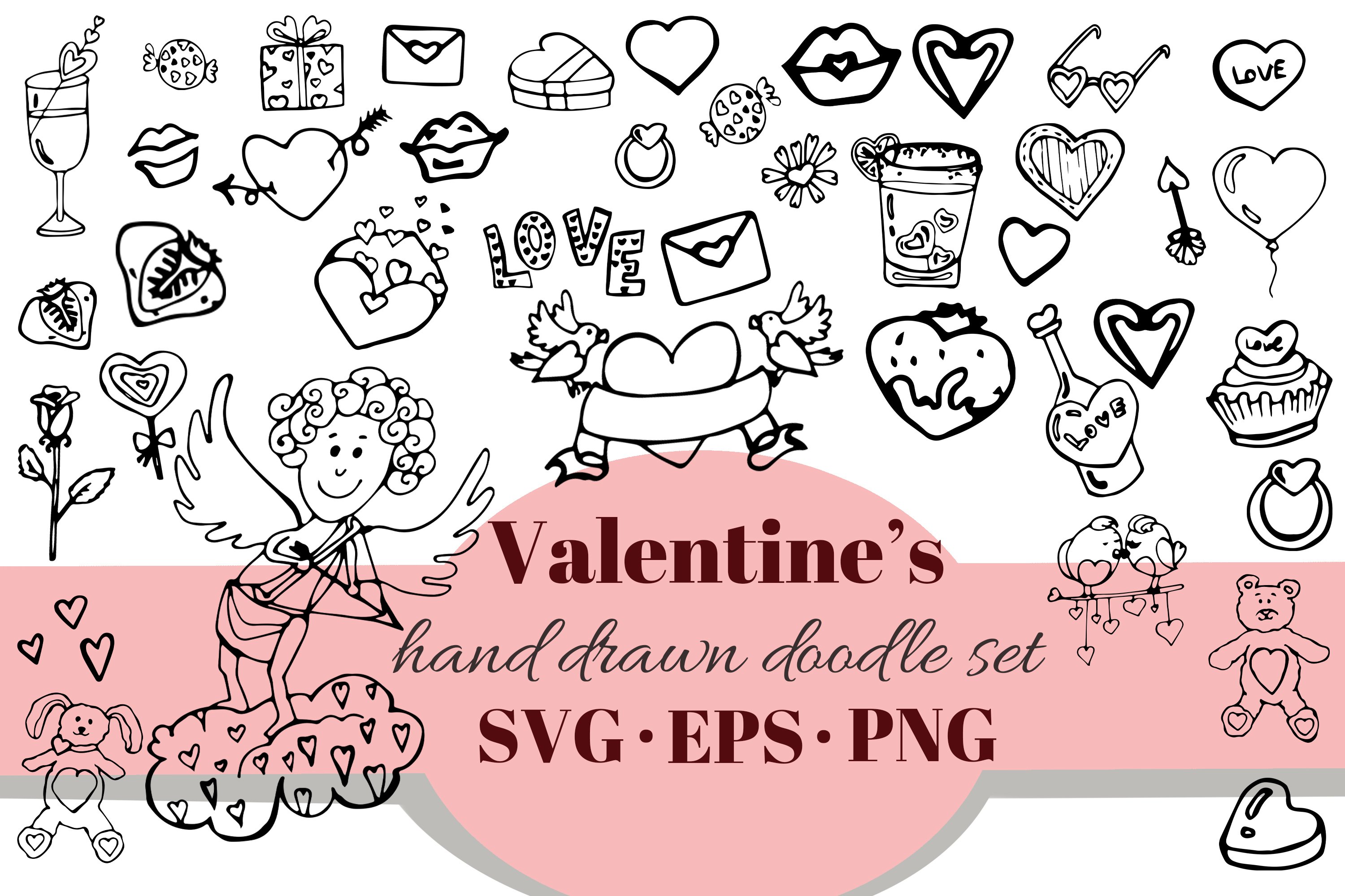 Romantic&Love Doodle Set. Valentines Day Elements. SVG icon. (1047842