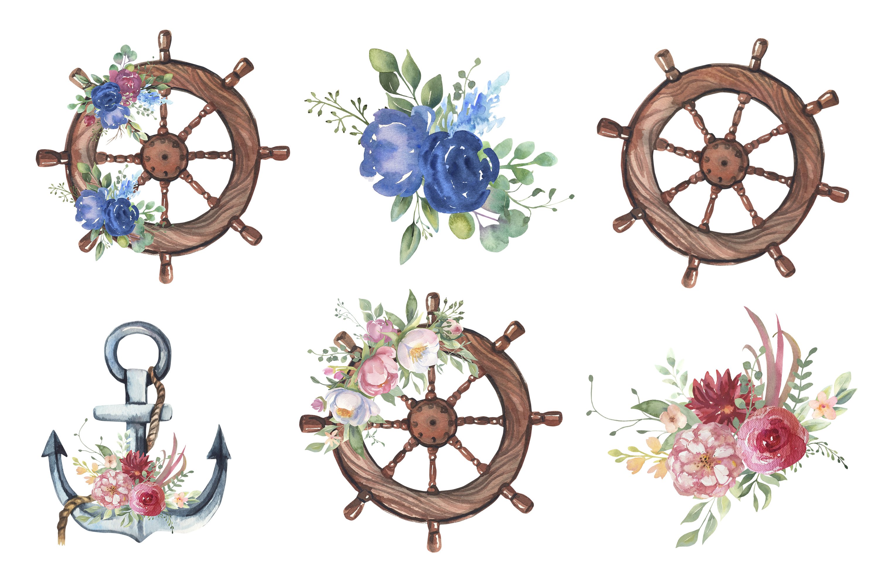 Watercolor Floral Anchor,Ship Wheel, Floral Bouquets. (914243