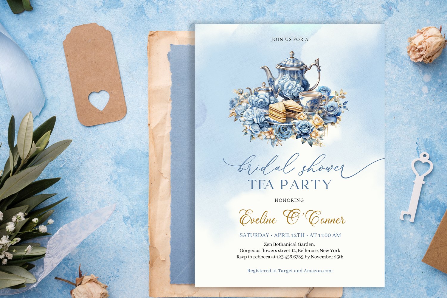 Vintage shabby chic tea party bridal shower Invitation ZD164, image size:1500x1000