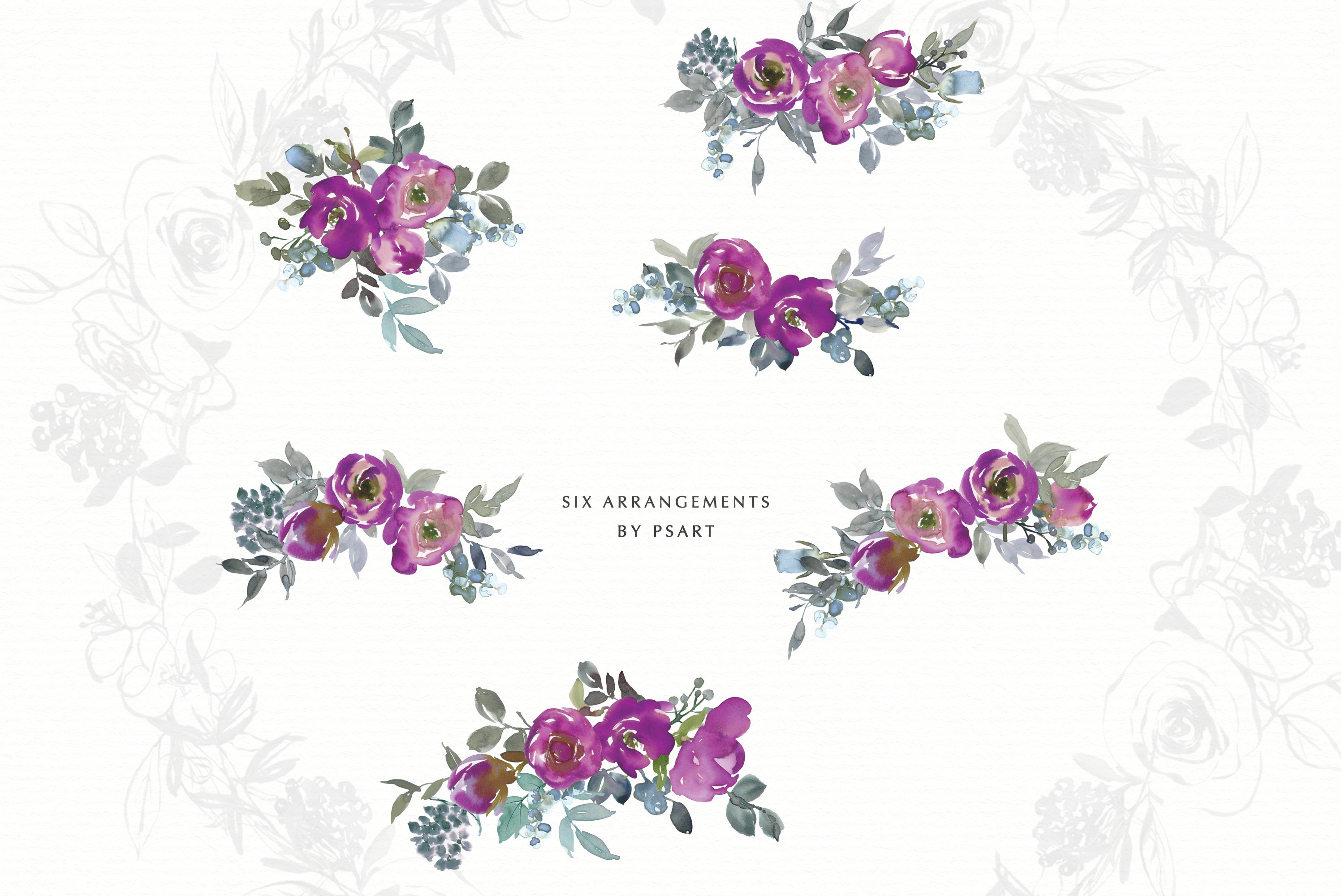 Purple Watercolor Floral Clip Art Set (624037) | Illustrations | Design