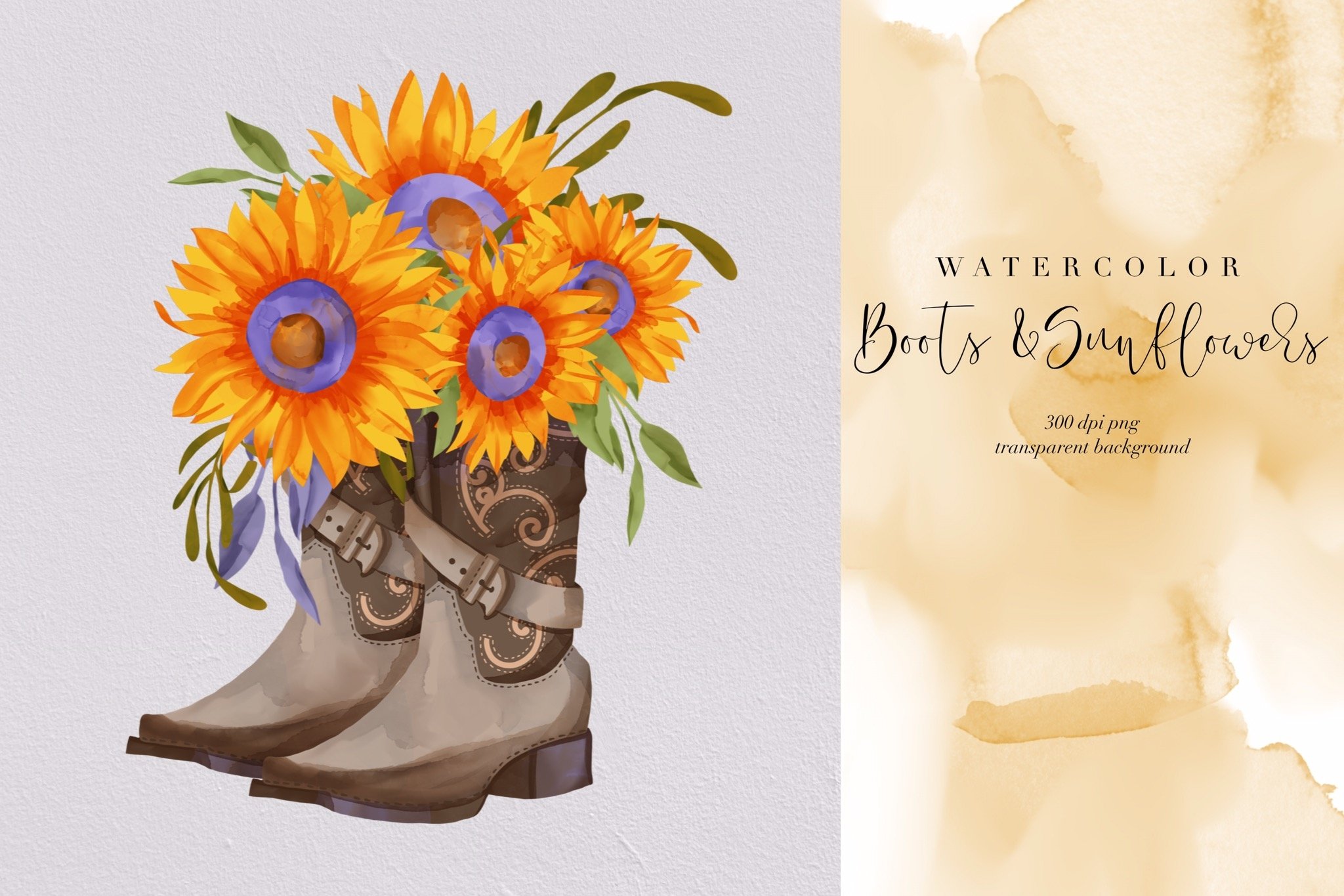 Boots and sunflower PNG, summer flowers water color, cowgirl (678067